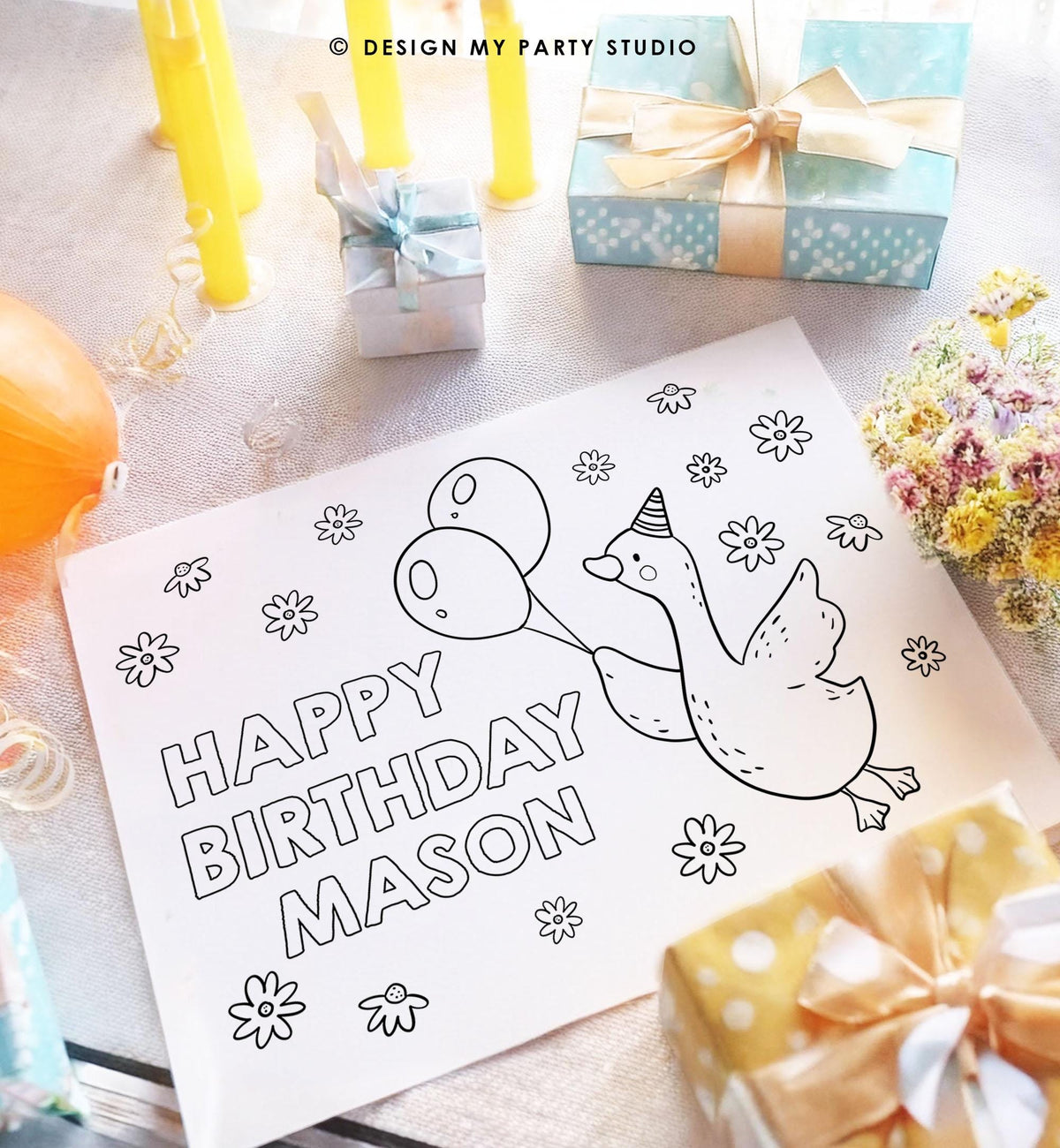 Editable Coloring Page One Silly Goose Birthday Party Activity Game Goose Birthday Farm Animal Boy Daisy Download Printable Digital 0540