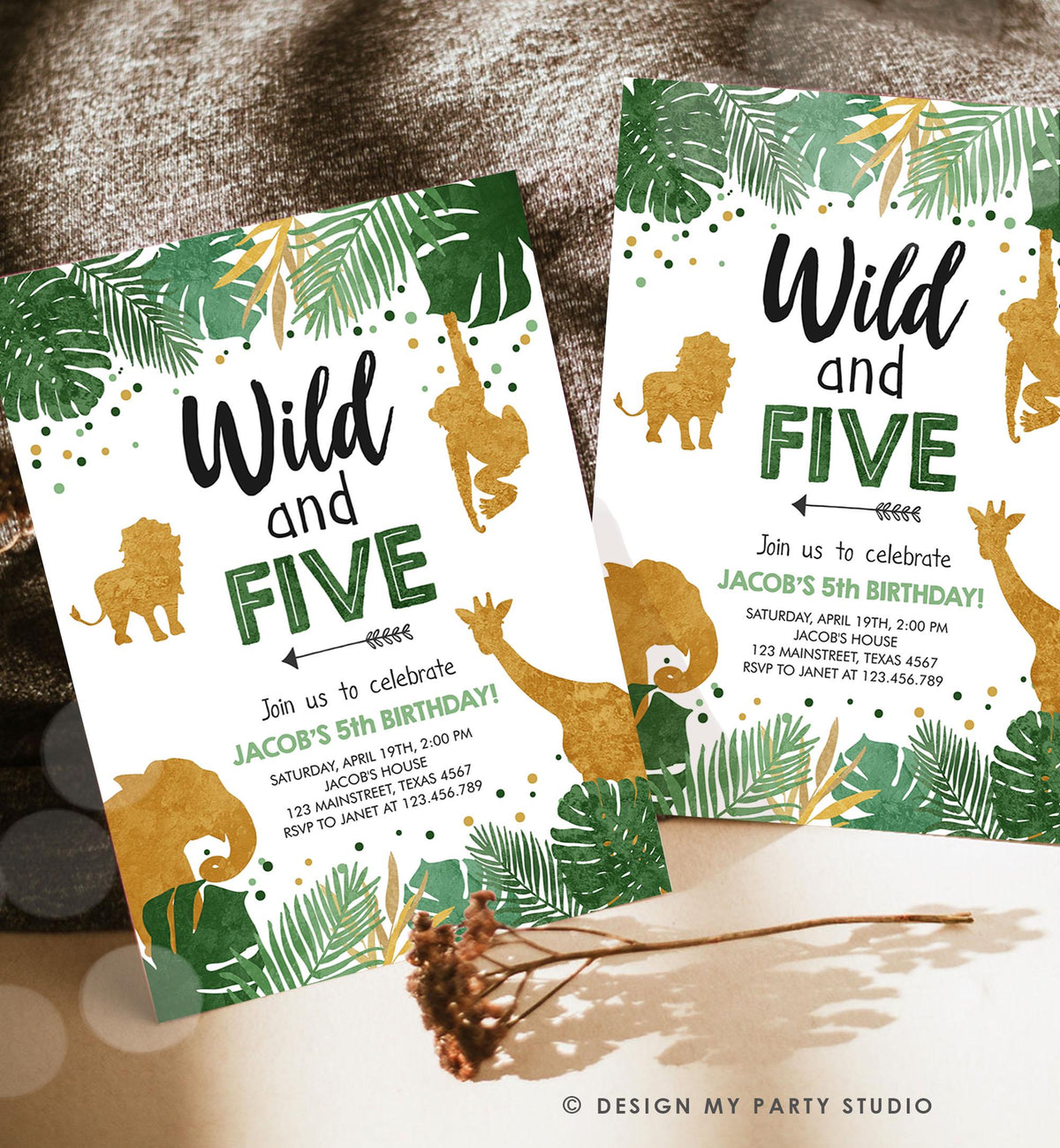 Editable Wild and Five Birthday Invitation Safari Animals Party Animals Boy Third Birthday 5th Bday Digital Evite Template Printable 0016