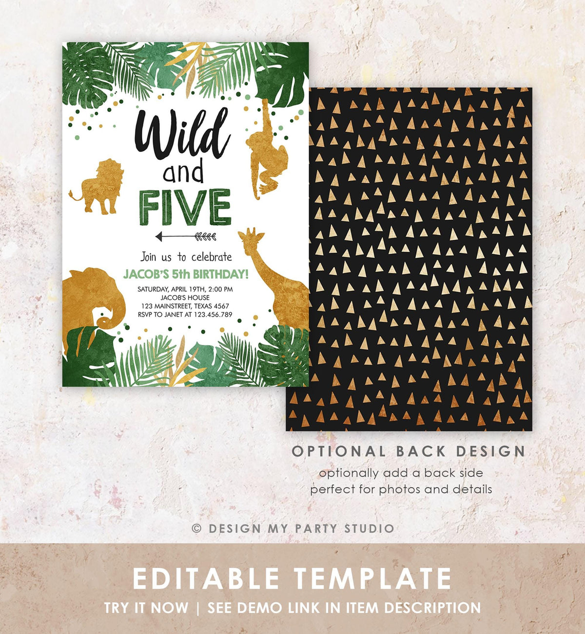 Editable Wild and Five Birthday Invitation Safari Animals Party Animals Boy Third Birthday 5th Bday Digital Evite Template Printable 0016