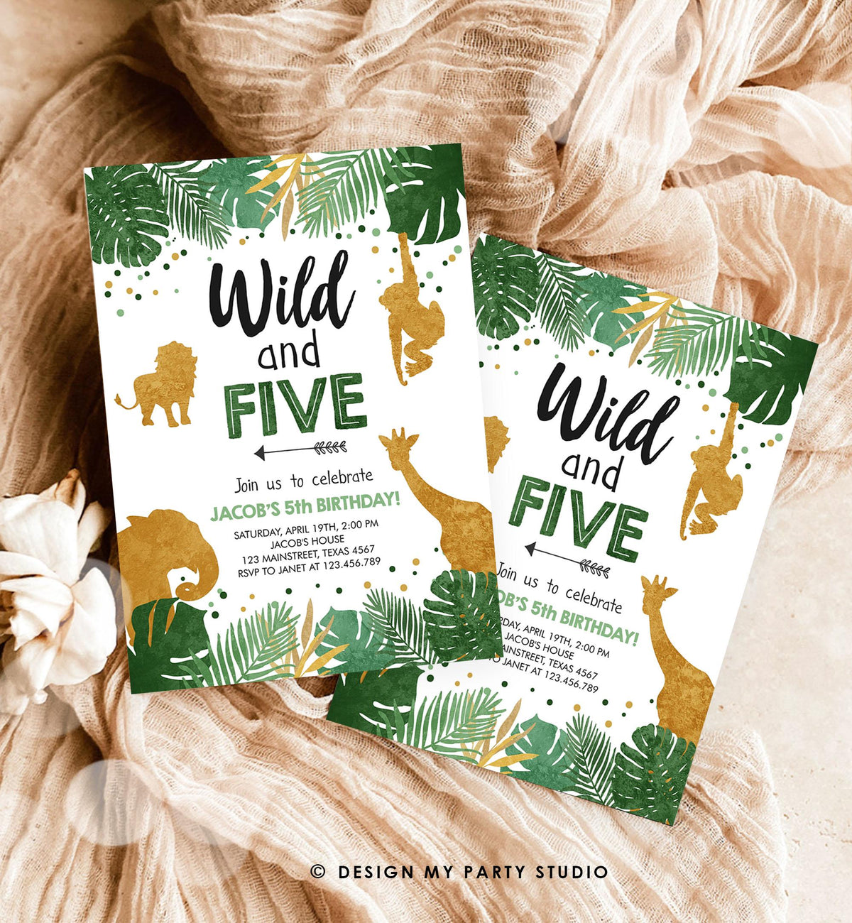 Editable Wild and Five Birthday Invitation Safari Animals Party Animals Boy Third Birthday 5th Bday Digital Evite Template Printable 0016