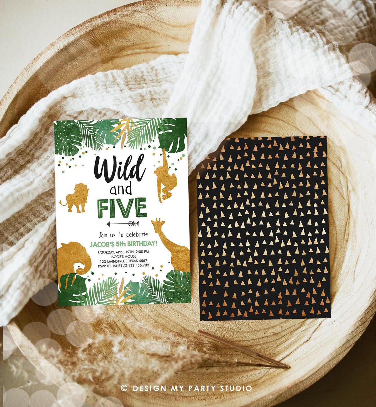 Editable Wild and Five Birthday Invitation Safari Animals Party Animals Boy Third Birthday 5th Bday Digital Evite Template Printable 0016