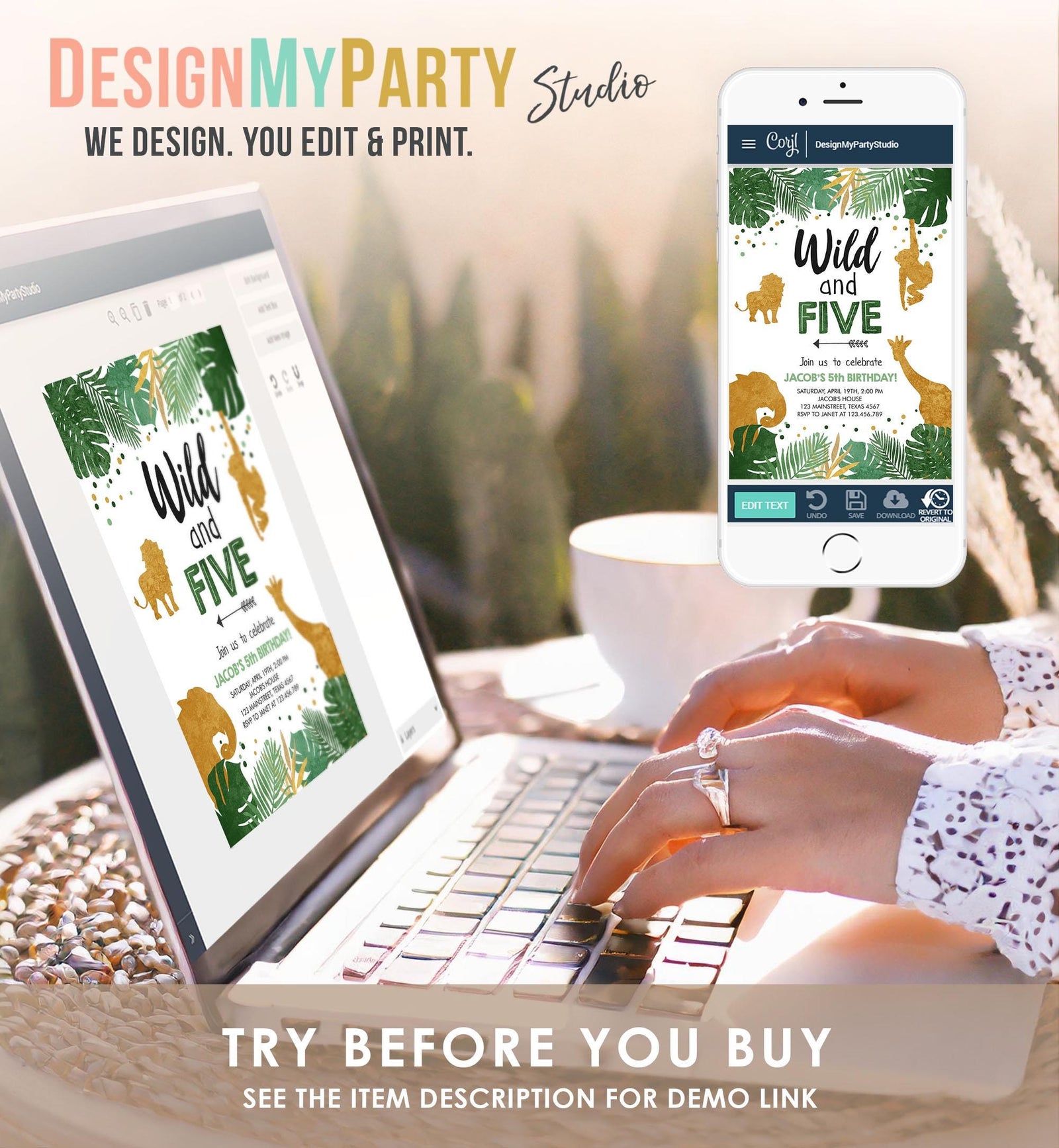 Editable Wild and Five Birthday Invitation Safari Animals Party Animals Boy Third Birthday 5th Bday Digital Evite Template Printable 0016