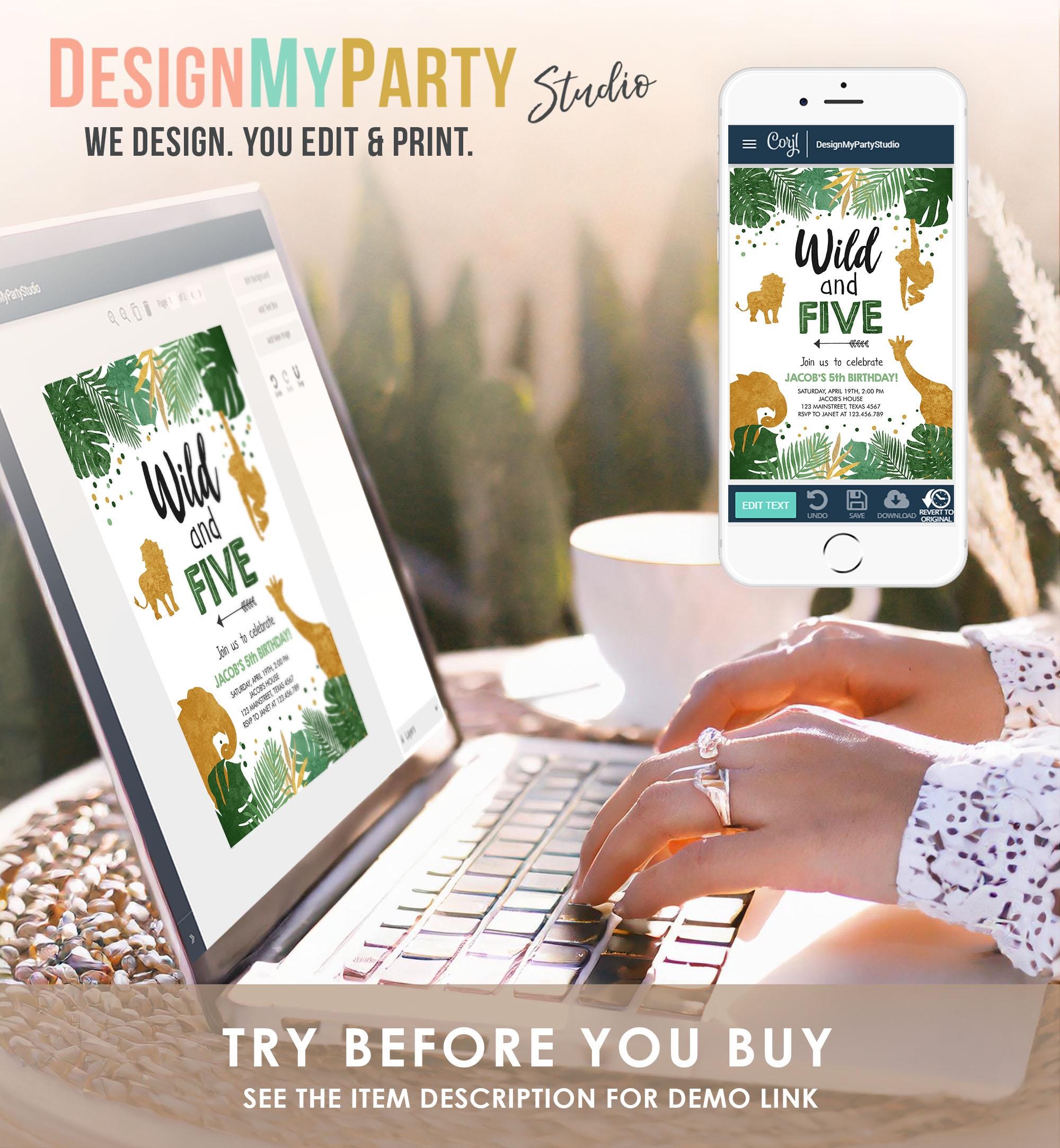 Editable Wild and Five Birthday Invitation Safari Animals Party Animals Boy Third Birthday 5th Bday Digital Evite Template Printable 0016