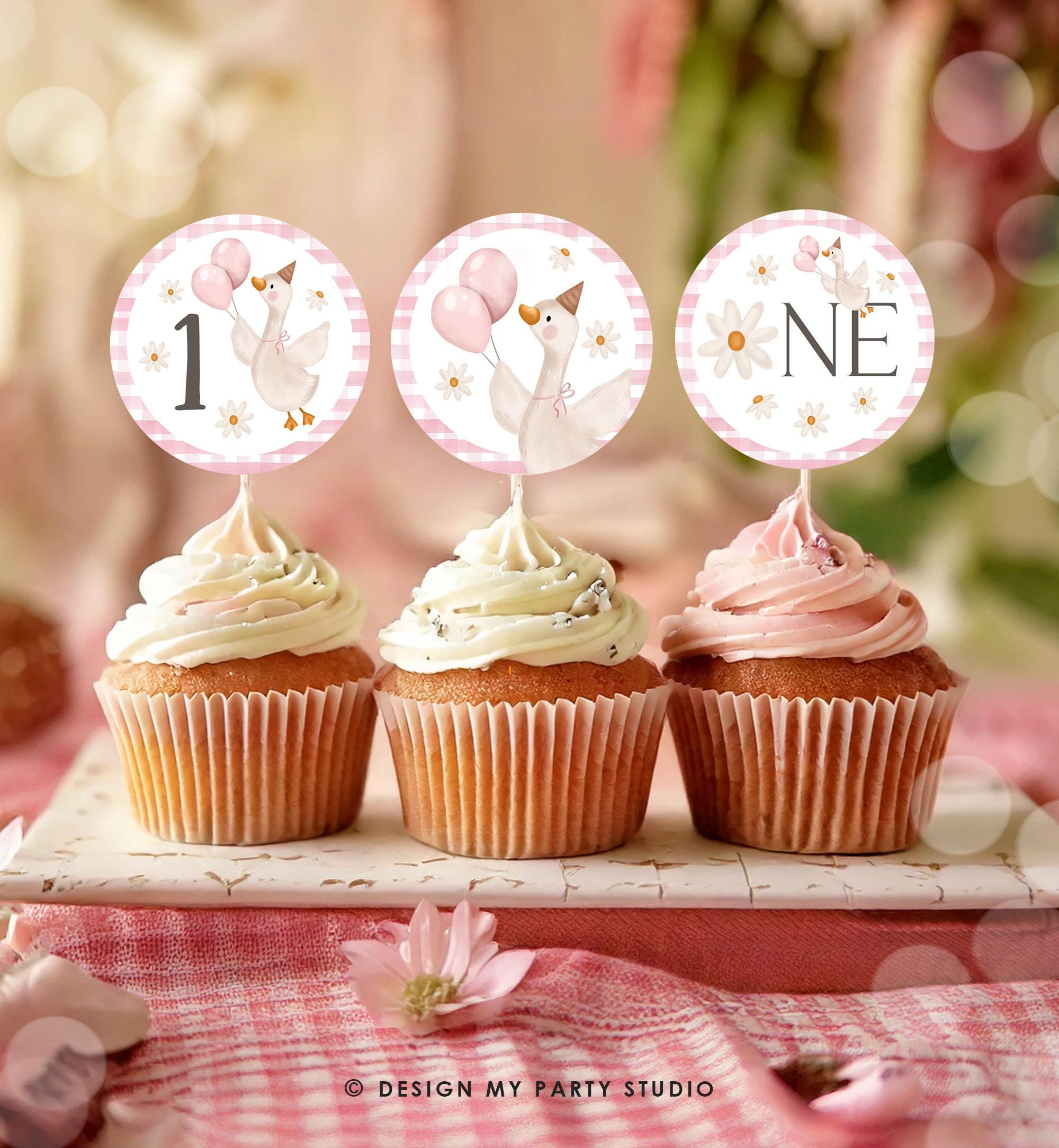 One Silly Goose Cupcake Toppers Goose Favor Tags Goose Birthday Party Decoration Farm Barnyard Girl Pink Digital Download Printable 0540