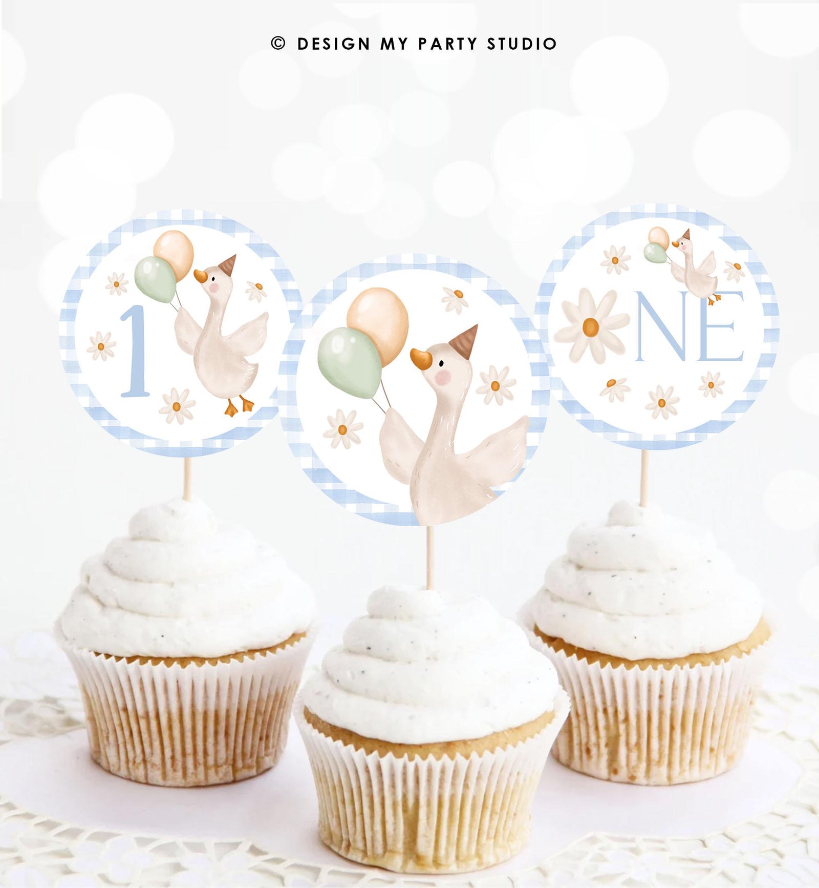 One Silly Goose Cupcake Toppers Goose Favor Tags Goose Birthday Party Decoration Farm Barnyard Boy Blue Digital Download Printable 0540
