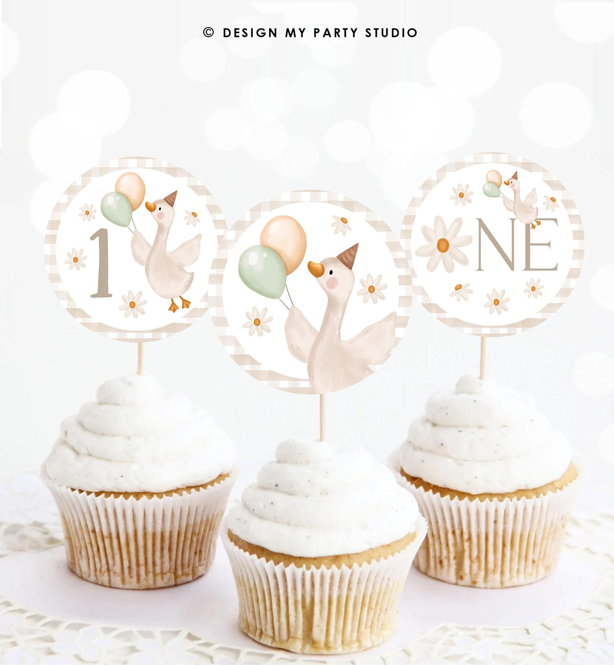 One Silly Goose Cupcake Toppers Goose Favor Tags Goose Birthday Party Decoration Farm Barnyard Gingham Digital Download Printable 0540