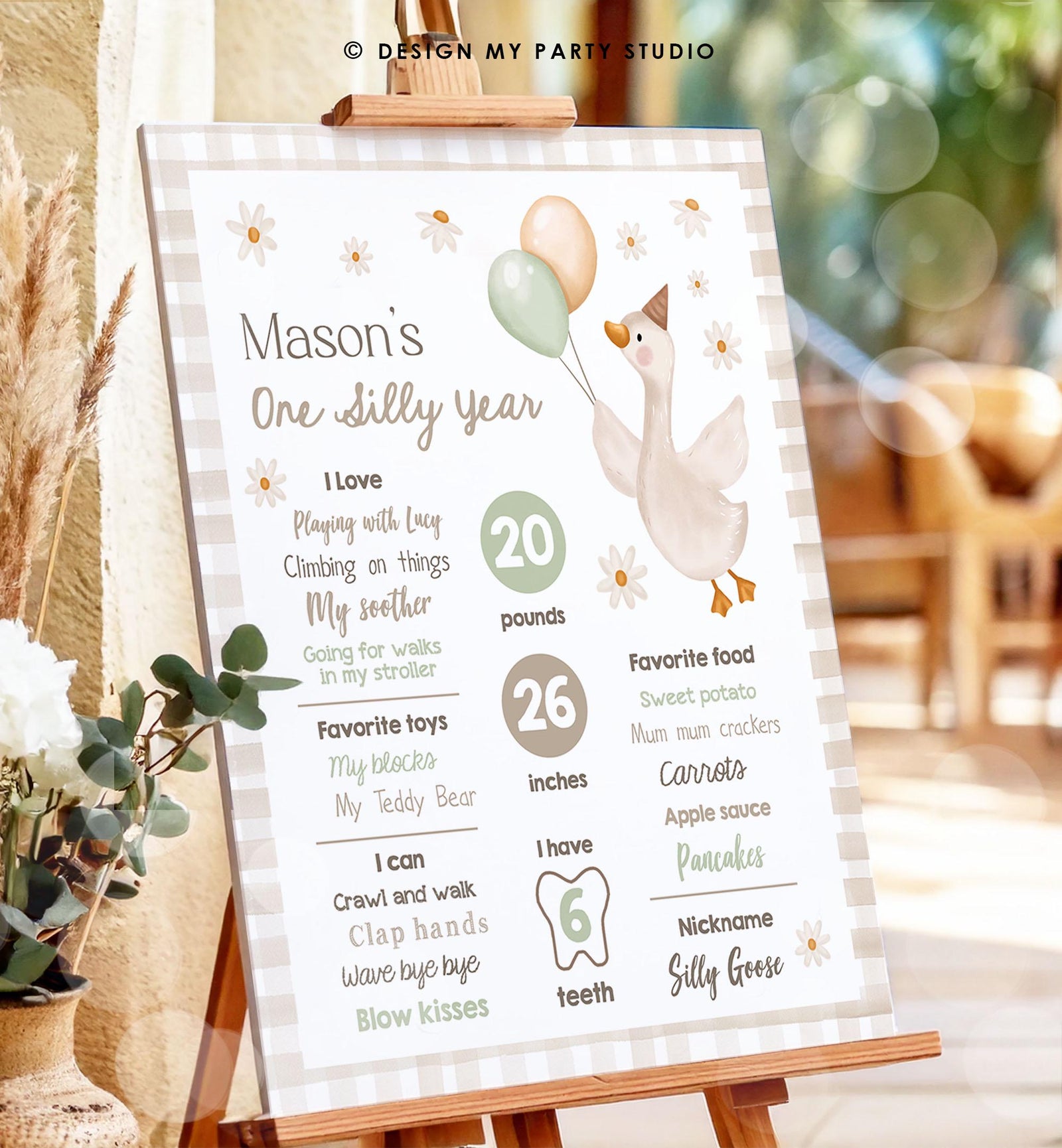 Editable One Silly Goose Birthday Milestone Sign Goose 1st Birthday Neutral Boy First Year Stats Poster Farm Digital Template Printable 0540