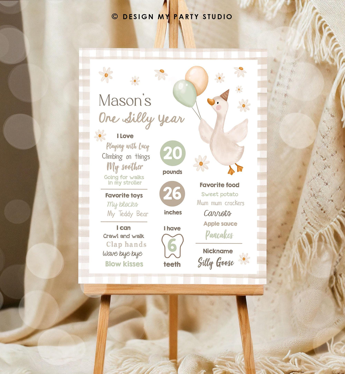Editable One Silly Goose Birthday Milestone Sign Goose 1st Birthday Neutral Boy First Year Stats Poster Farm Digital Template Printable 0540