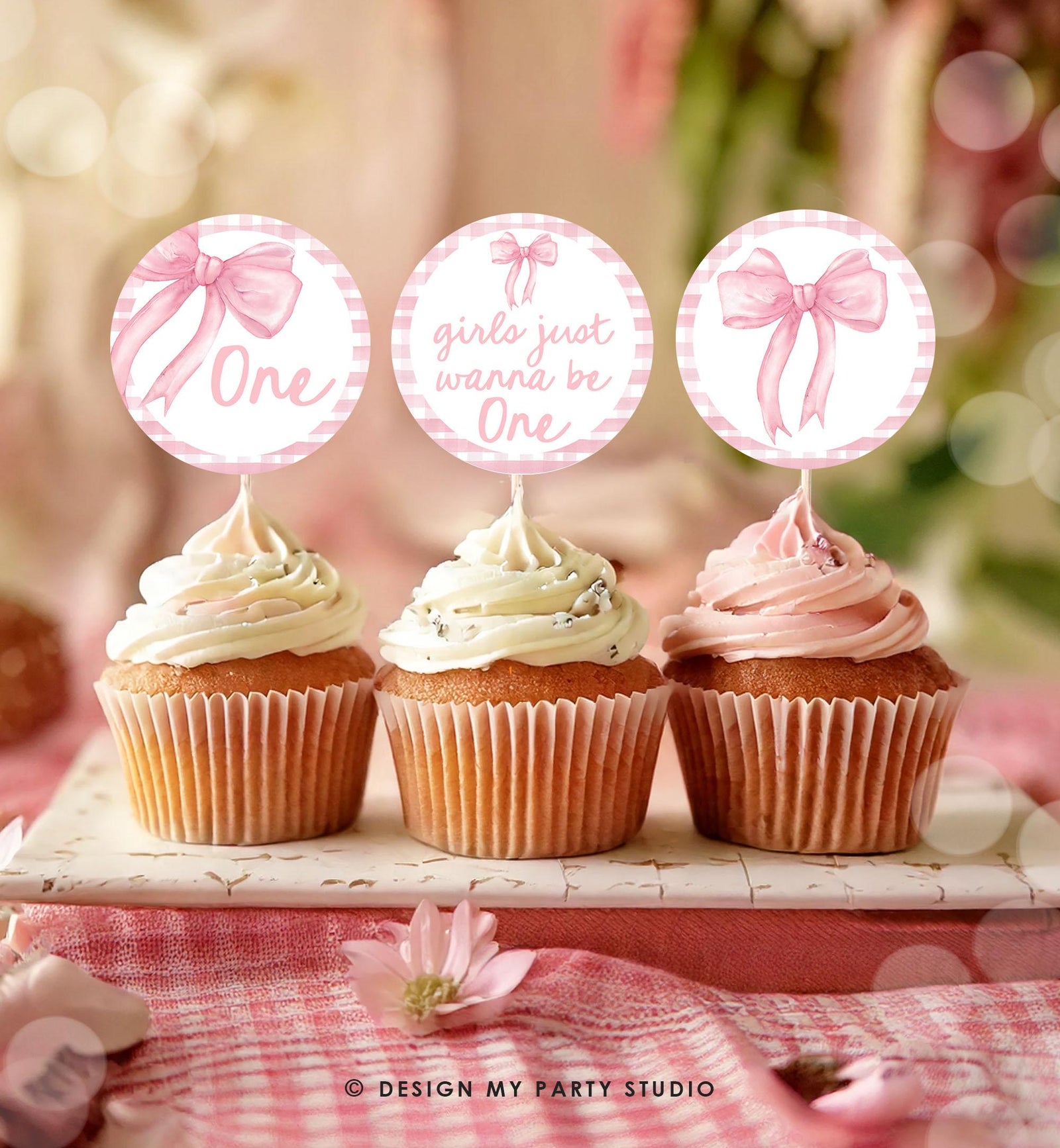 Cupcake Toppers Girls Just Wanne Be One Birthday Pink Bow 1st Birthday Preppy Coquette Bow Birtday Girl Digital Template Printable 0527