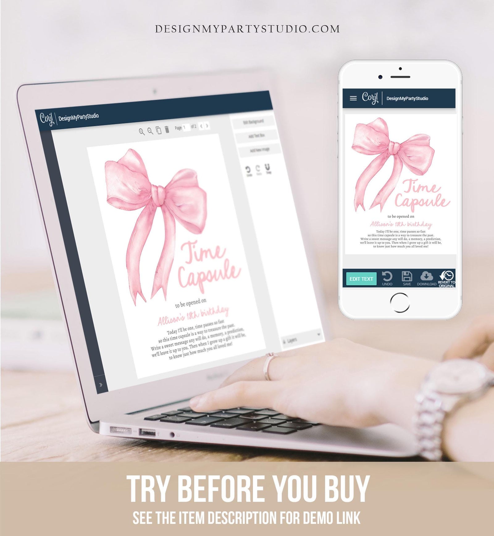 Editable Pink Bow Time Capsule Sign Girls Just Wanna Be One Birthday Party Game 1st Coquette Bow Download Digital Template Printable 0527