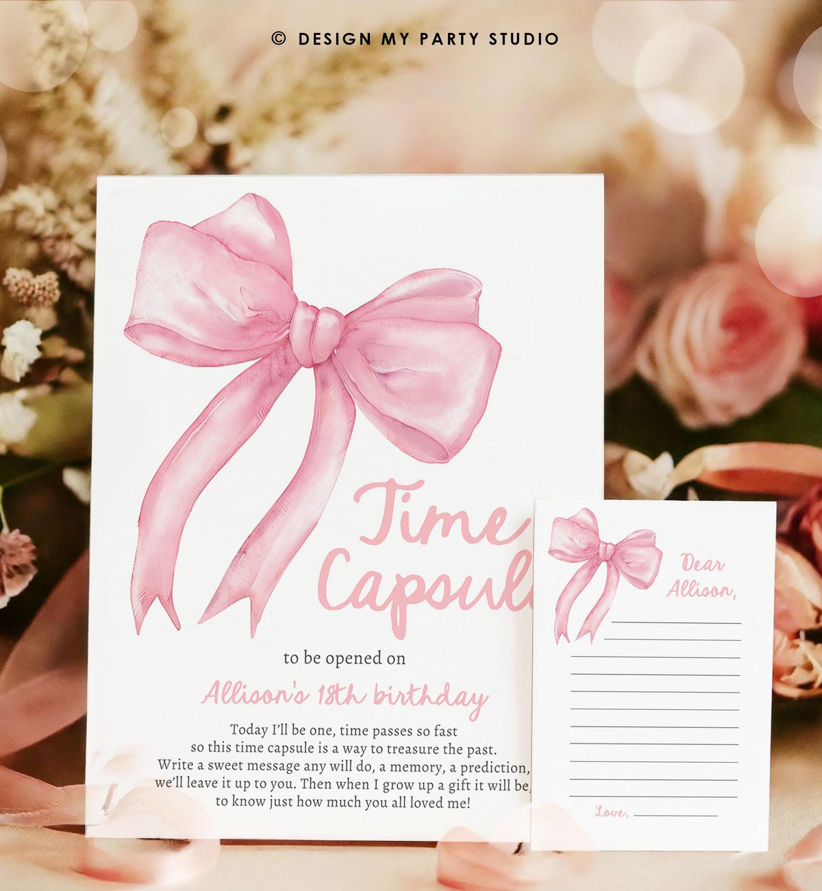 Editable Pink Bow Time Capsule Sign Girls Just Wanna Be One Birthday Party Game 1st Coquette Bow Download Digital Template Printable 0527