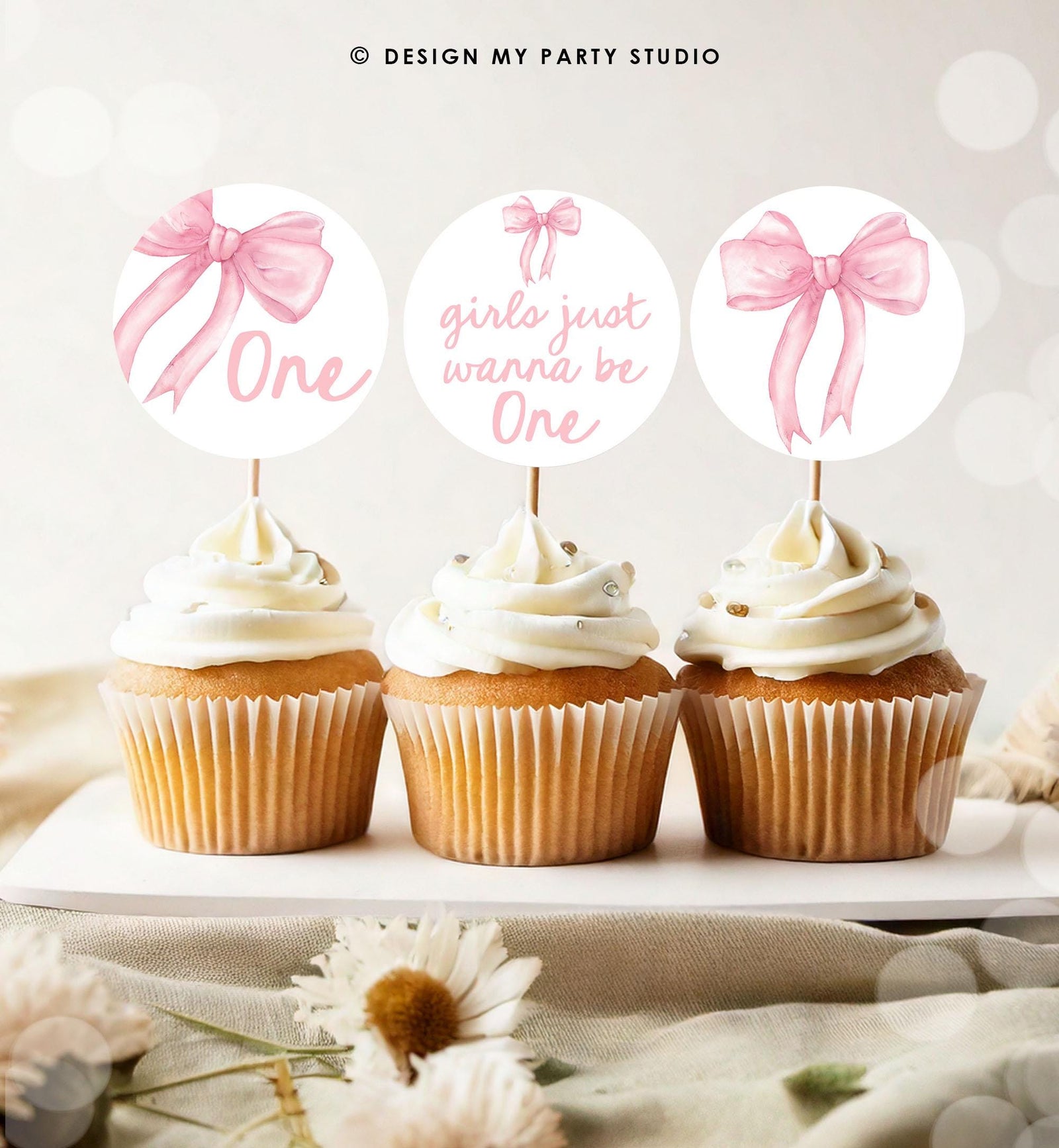 Cupcake Toppers Girls Just Wanne Be One Birthday Pink Bow 1st Birthday Preppy Coquette Bow Birtday Girl Digital Template Printable 0527