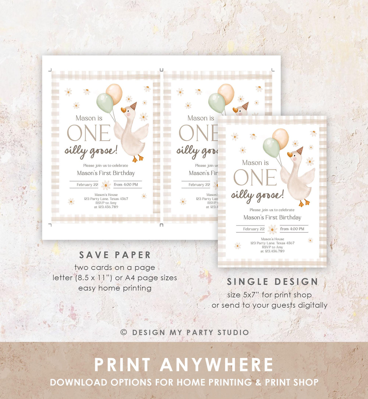 Editable Silly Goose Birthday Invitation Girl Boy Spring Birthday Party Farm Goose 1st Birthday Digital Download Template Printable 0540