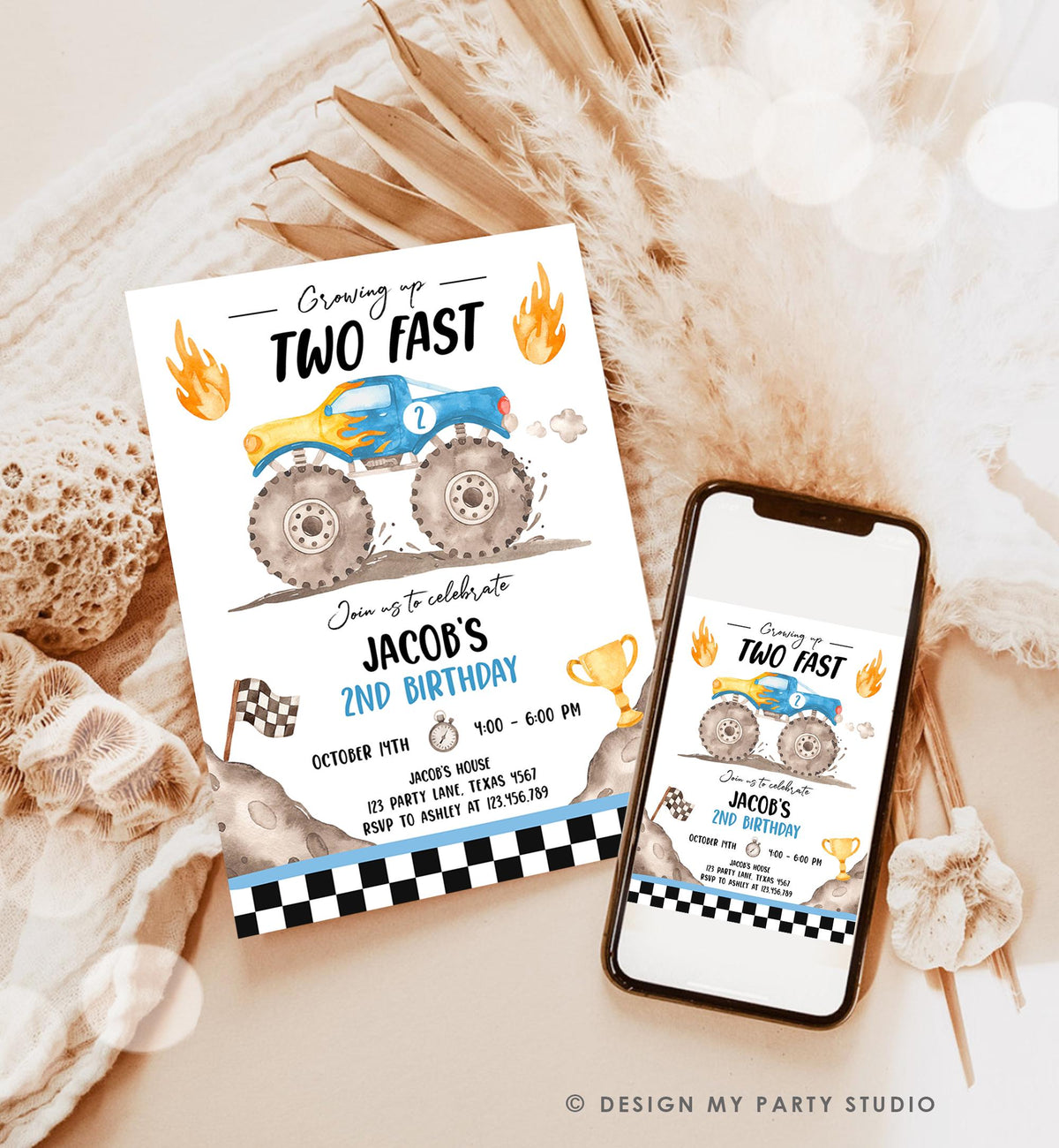 Editable Monster Truck Birthday Invitation Growing Up Two Fast Bash Blue Second Birthday 2nd Boy Digital Download Template Printable 0541