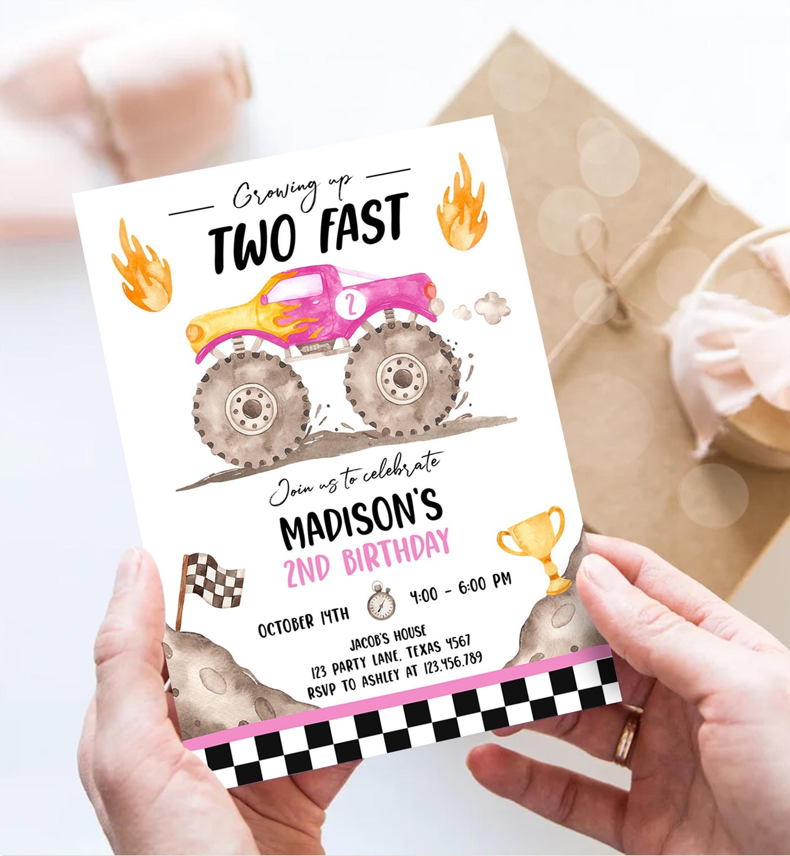 Editable Monster Truck Birthday Invitation Growing Up Two Fast Bash Pink Second Birthday 2nd Girl Digital Download Template Printable 0541