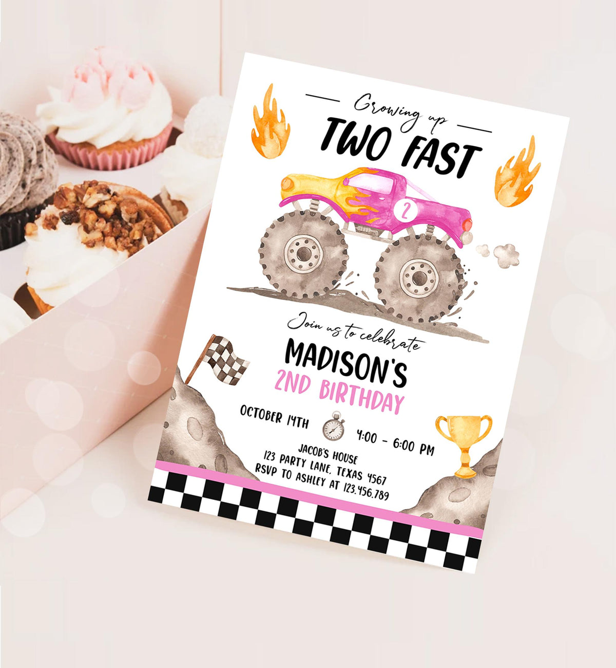 Editable Monster Truck Birthday Invitation Growing Up Two Fast Bash Pink Second Birthday 2nd Girl Digital Download Template Printable 0541
