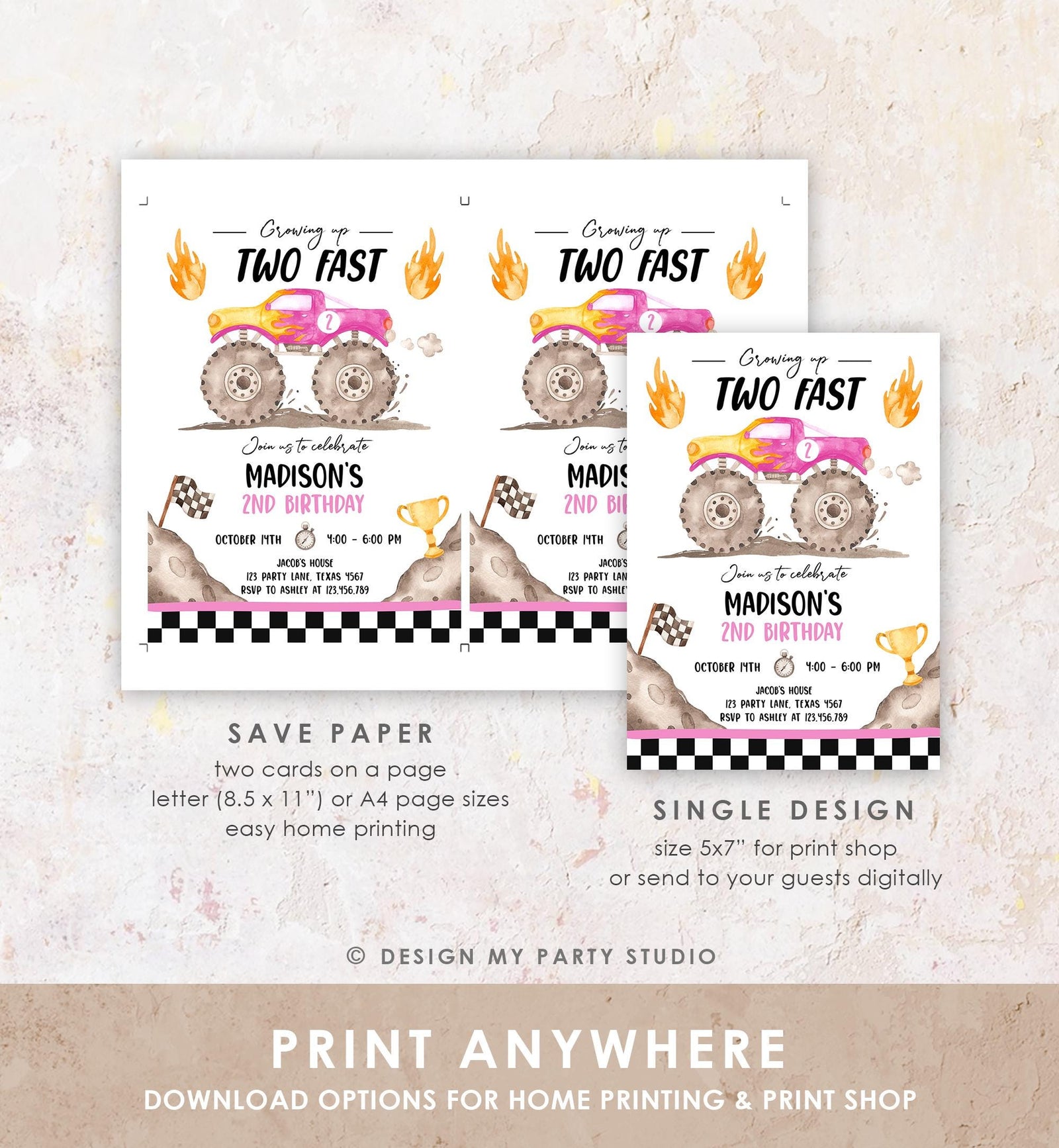 Editable Monster Truck Birthday Invitation Growing Up Two Fast Bash Pink Second Birthday 2nd Girl Digital Download Template Printable 0541