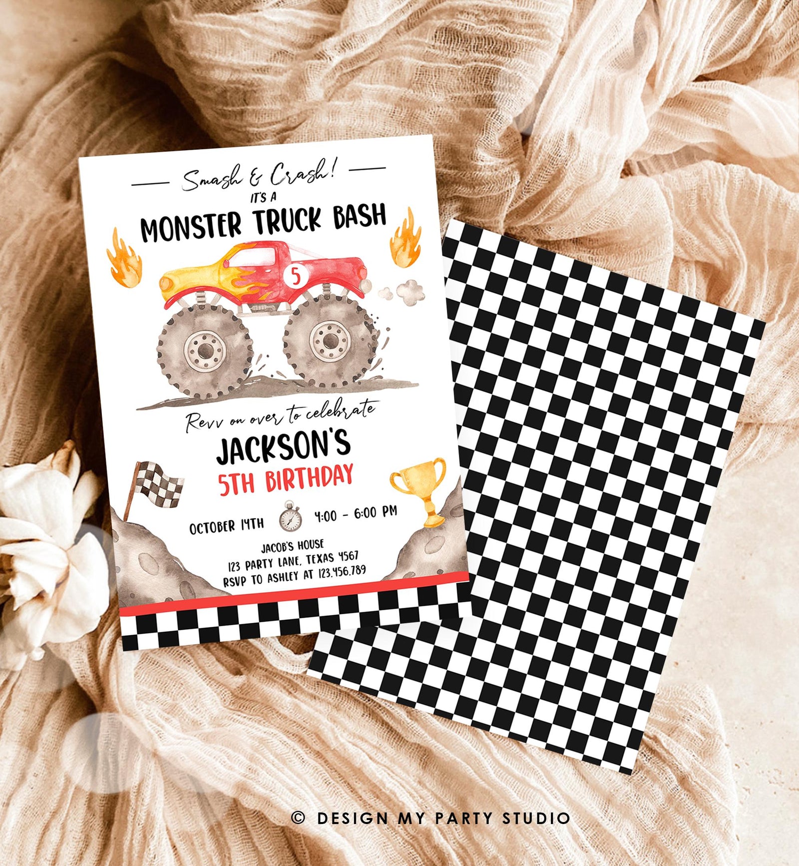 Editable Monster Truck Birthday Invitation Smash and Crash Monster Truck Bash Red Revv on Over Boy Digital Download Template Printable 0541