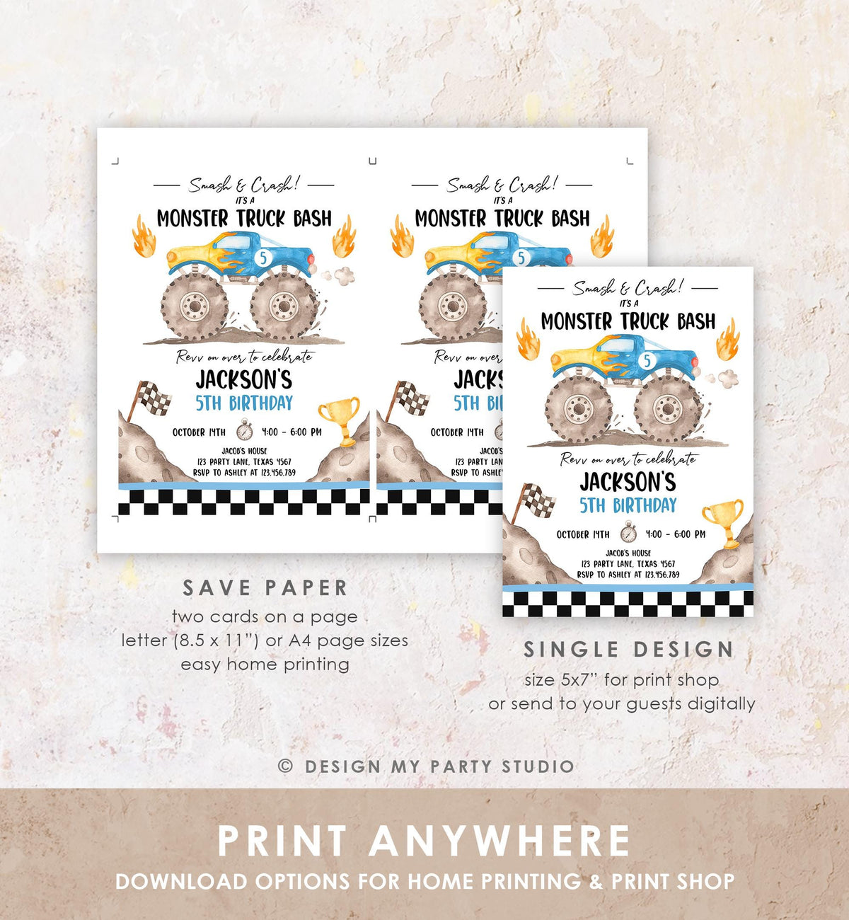 Editable Monster Truck Birthday Invitation Smash and Crash Monster Truck Bash Blue Revv on Over Boy Digital Download Template Printable 0541