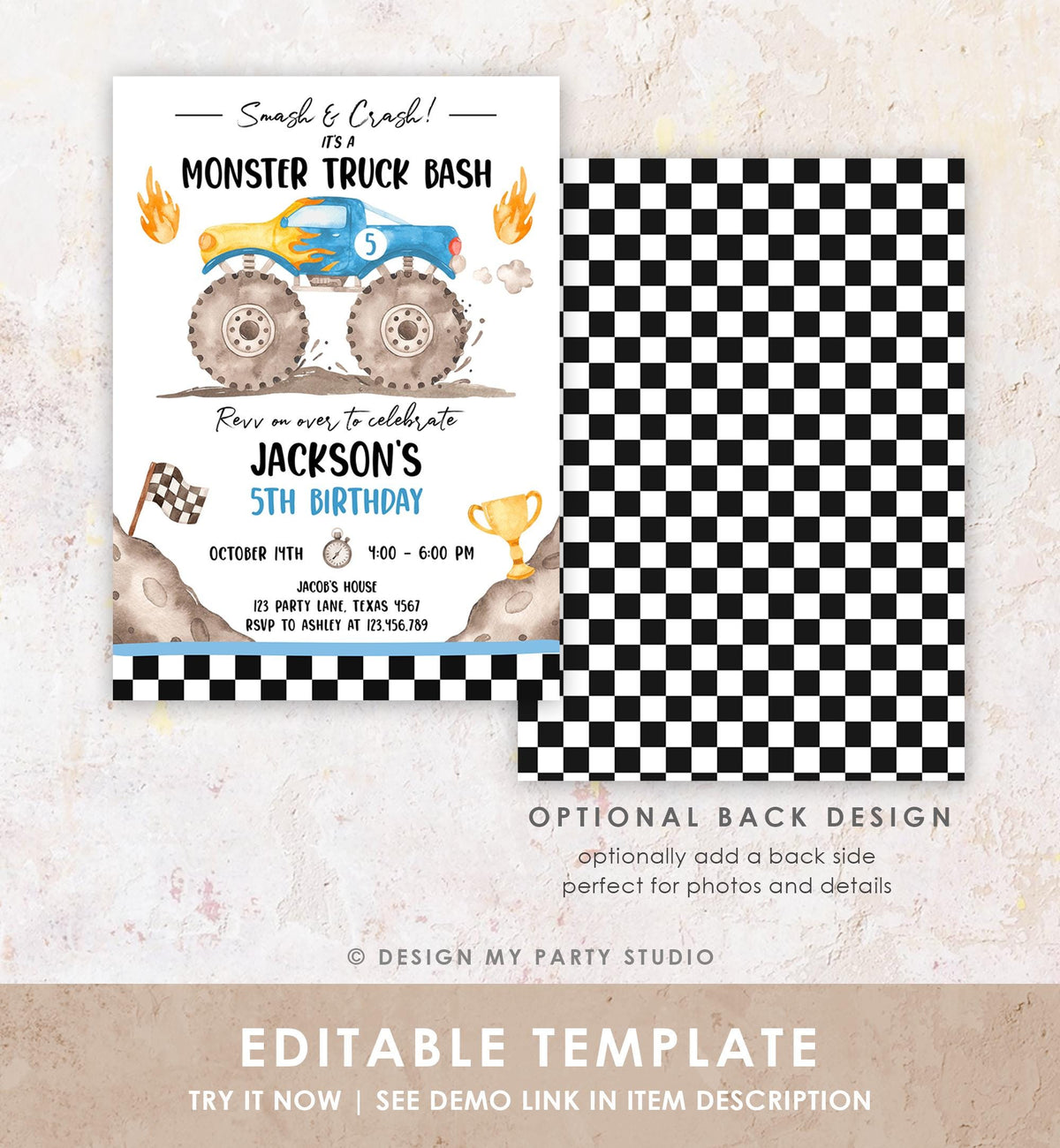 Editable Monster Truck Birthday Invitation Smash and Crash Monster Truck Bash Blue Revv on Over Boy Digital Download Template Printable 0541
