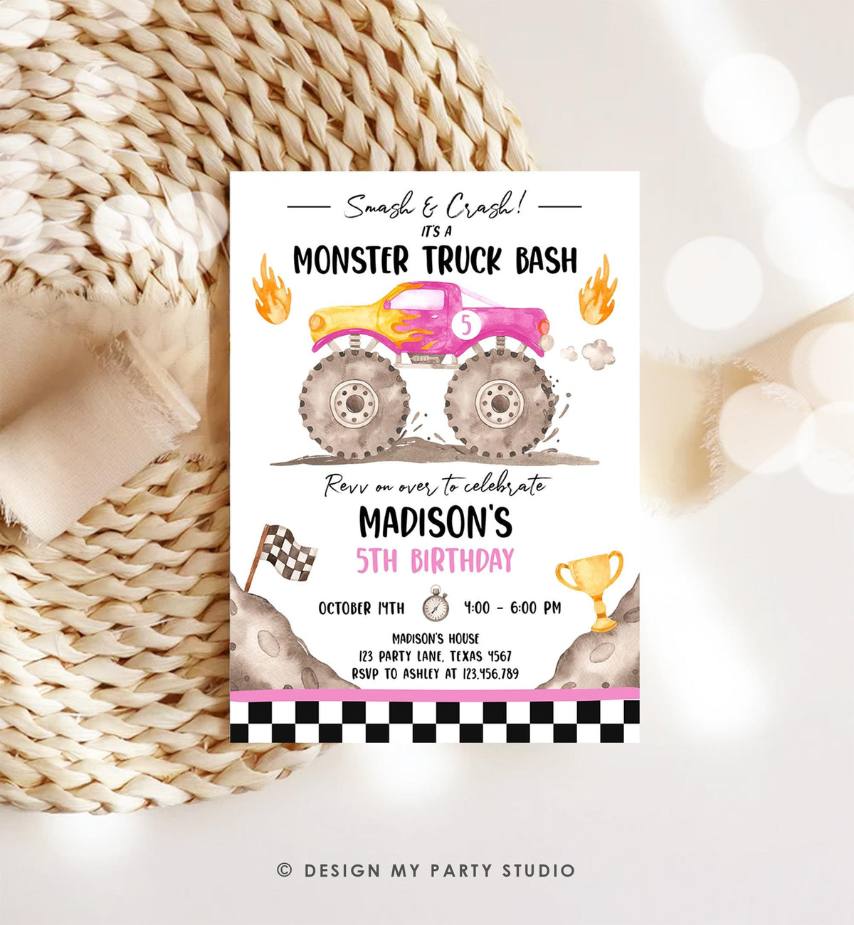 Editable Monster Truck Birthday Invitation Smash and Crash Monster Truck Bash Pink Revv on Over Boy Digital Download Template Printable 0541