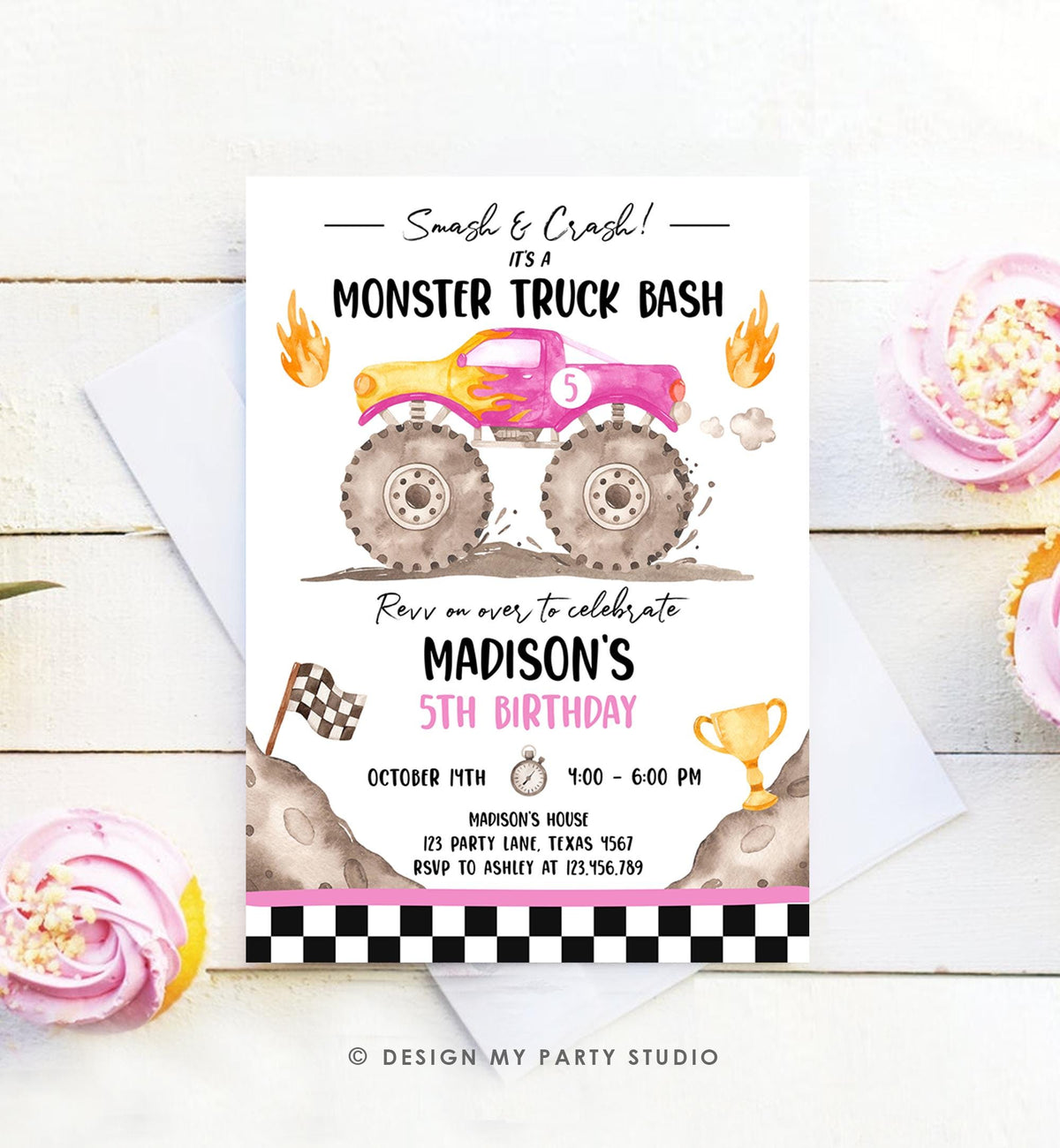 Editable Monster Truck Birthday Invitation Smash and Crash Monster Truck Bash Pink Revv on Over Boy Digital Download Template Printable 0541