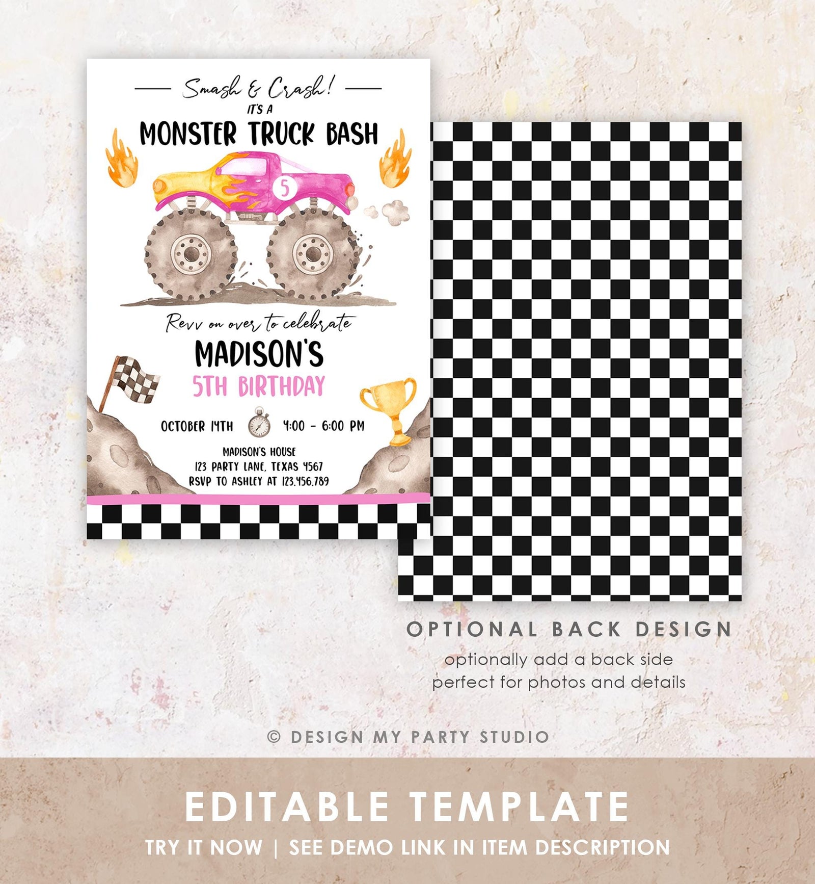 Editable Monster Truck Birthday Invitation Smash and Crash Monster Truck Bash Pink Revv on Over Boy Digital Download Template Printable 0541