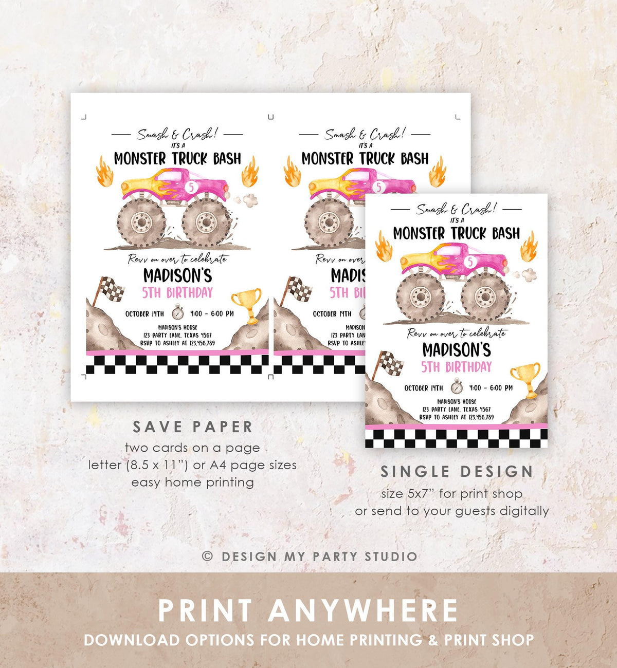 Editable Monster Truck Birthday Invitation Smash and Crash Monster Truck Bash Pink Revv on Over Boy Digital Download Template Printable 0541