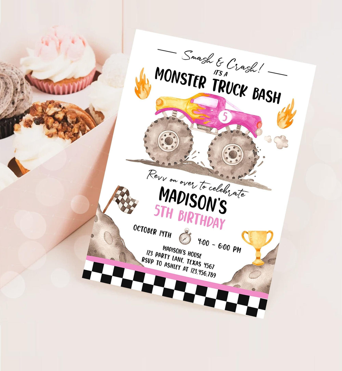 Editable Monster Truck Birthday Invitation Smash and Crash Monster Truck Bash Pink Revv on Over Boy Digital Download Template Printable 0541