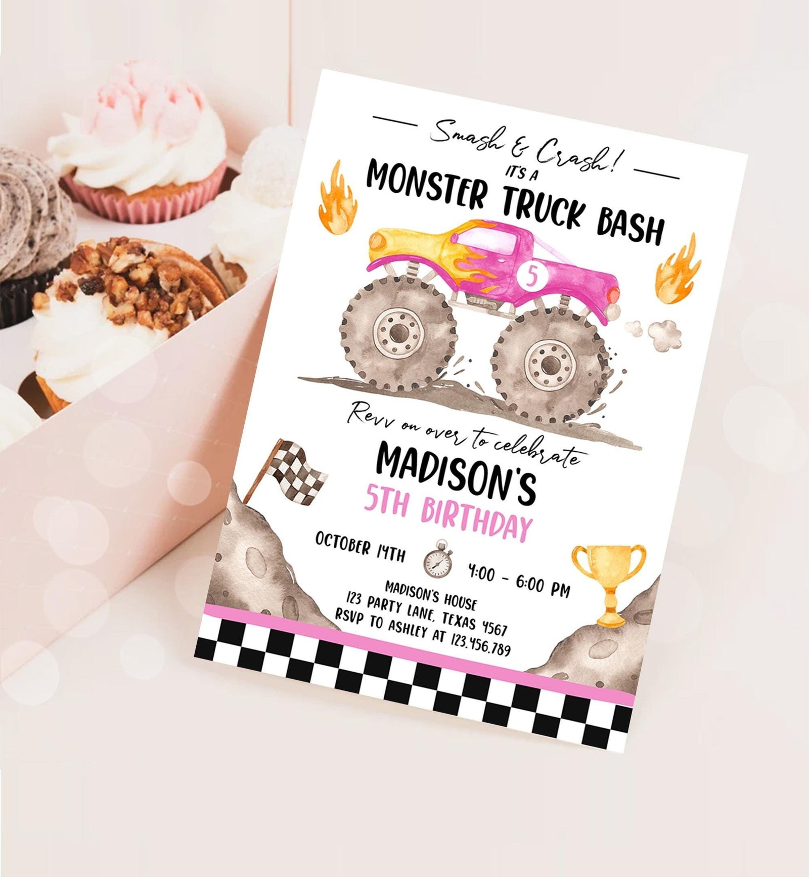 Editable Monster Truck Birthday Invitation Smash and Crash Monster Truck Bash Pink Revv on Over Boy Digital Download Template Printable 0541