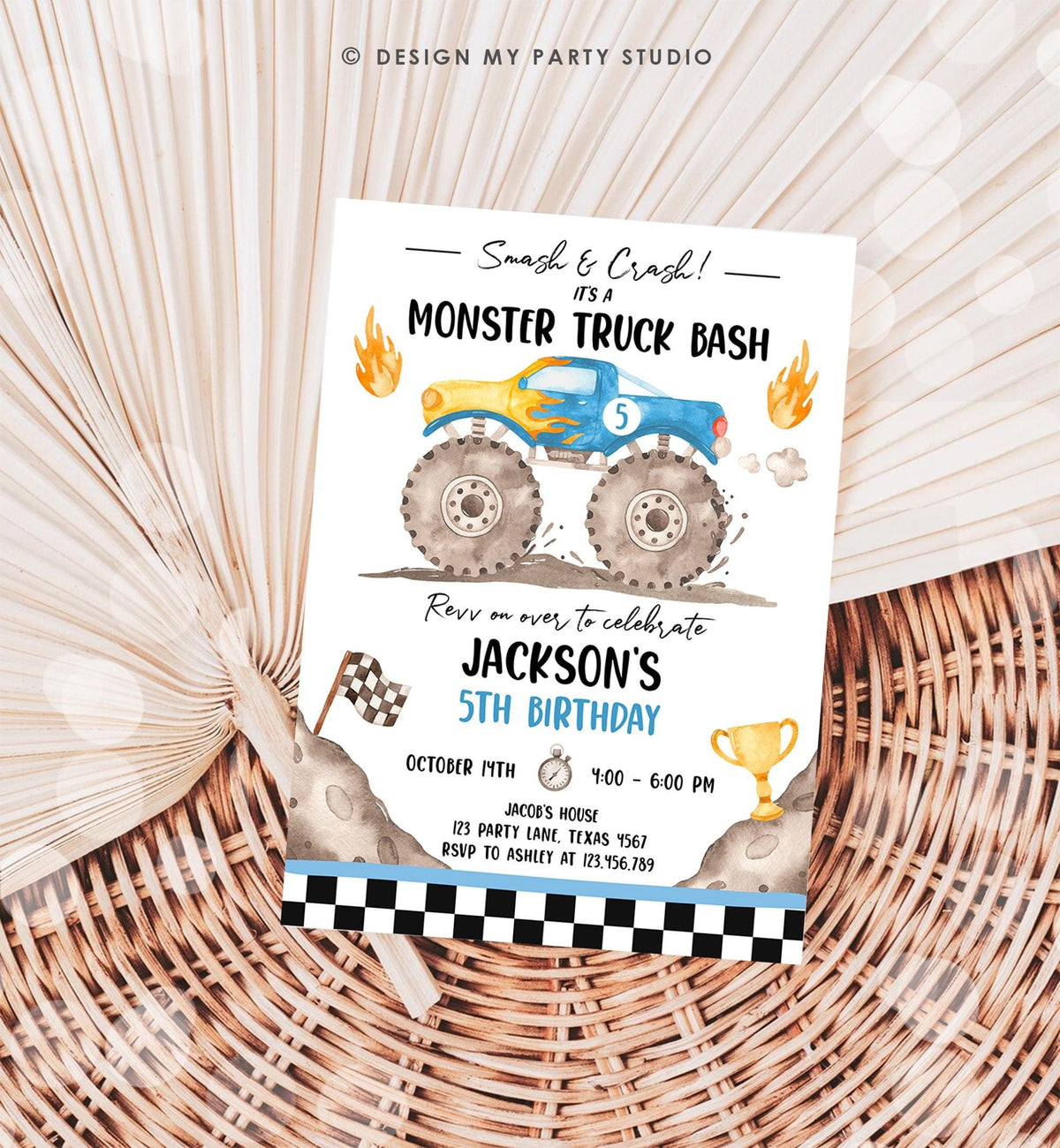 Editable Monster Truck Birthday Invitation Smash and Crash Monster Truck Bash Blue Revv on Over Boy Digital Download Template Printable 0541