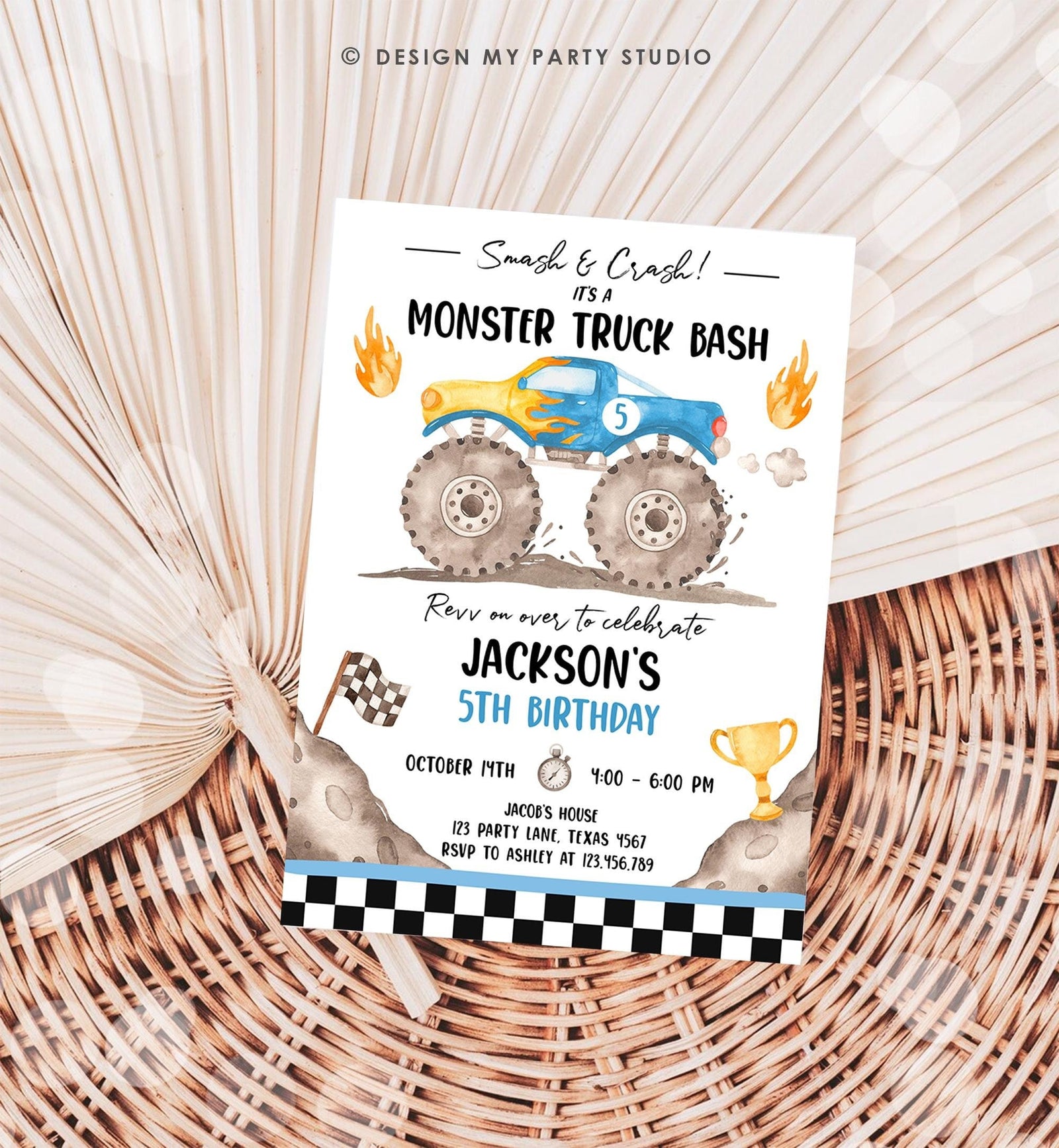 Editable Monster Truck Birthday Invitation Smash and Crash Monster Truck Bash Blue Revv on Over Boy Digital Download Template Printable 0541