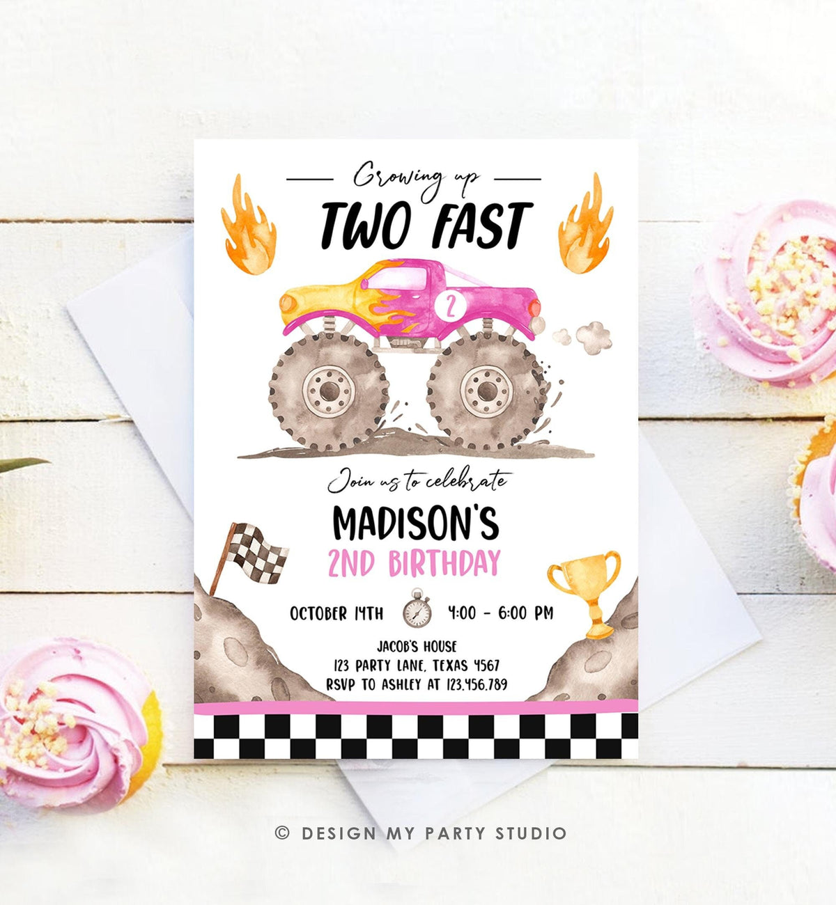 Editable Monster Truck Birthday Invitation Growing Up Two Fast Bash Pink Second Birthday 2nd Girl Digital Download Template Printable 0541