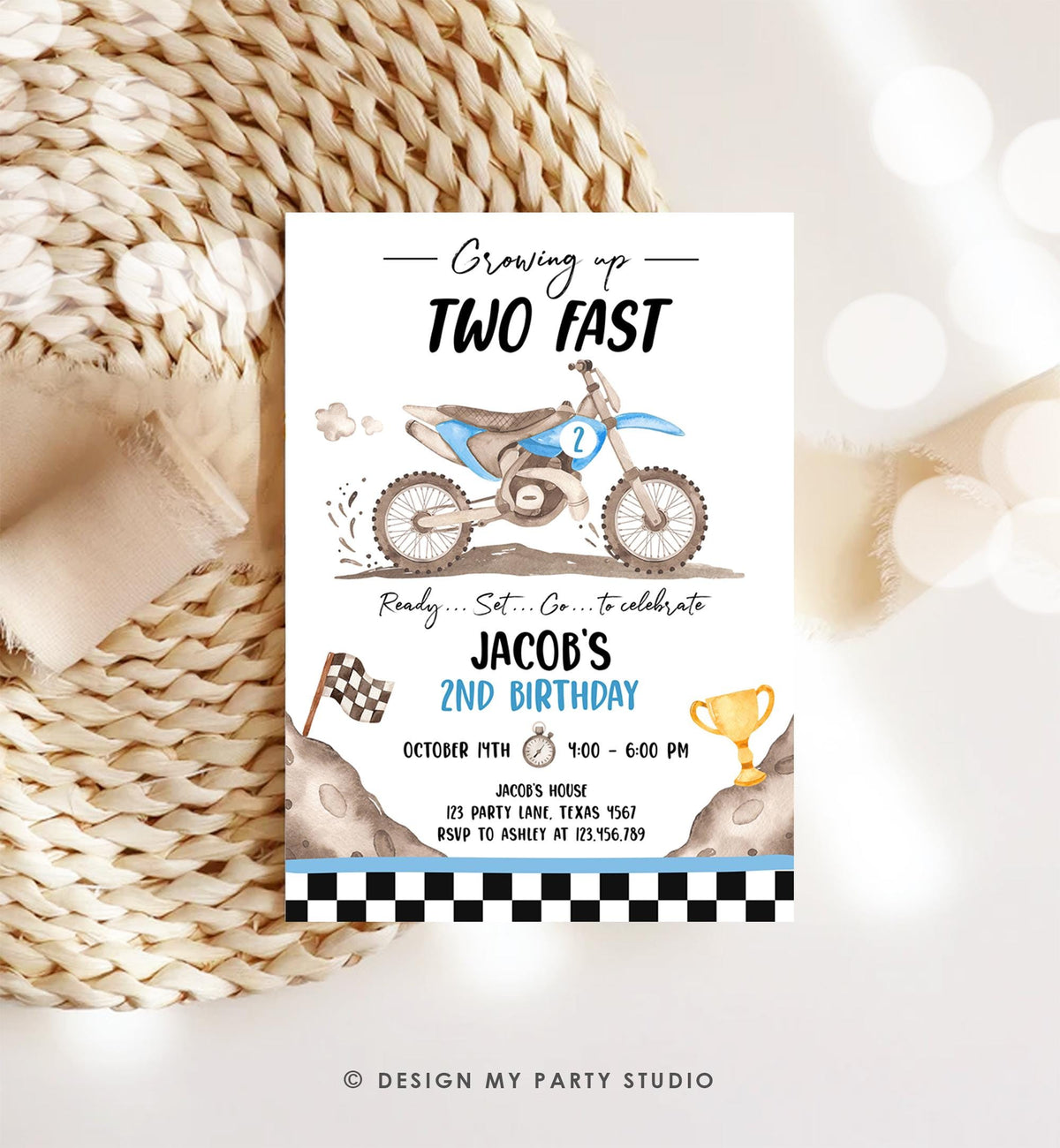 Editable Dirt Bike Birthday Invitation Growing Up Two Fast Motorbike Biking Motor Cross Blue Boy 2nd Second Digital Template Printable 0542