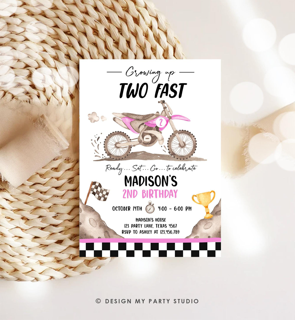 Editable Dirt Bike Birthday Invitation Growing Up Two Fast Motorbike Biking Motor Cross Pink Girl 2nd Second Digital Template Printable 0542