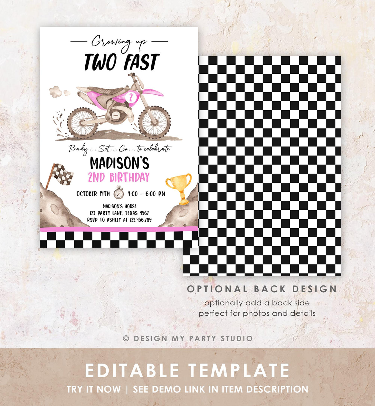 Editable Dirt Bike Birthday Invitation Growing Up Two Fast Motorbike Biking Motor Cross Pink Girl 2nd Second Digital Template Printable 0542