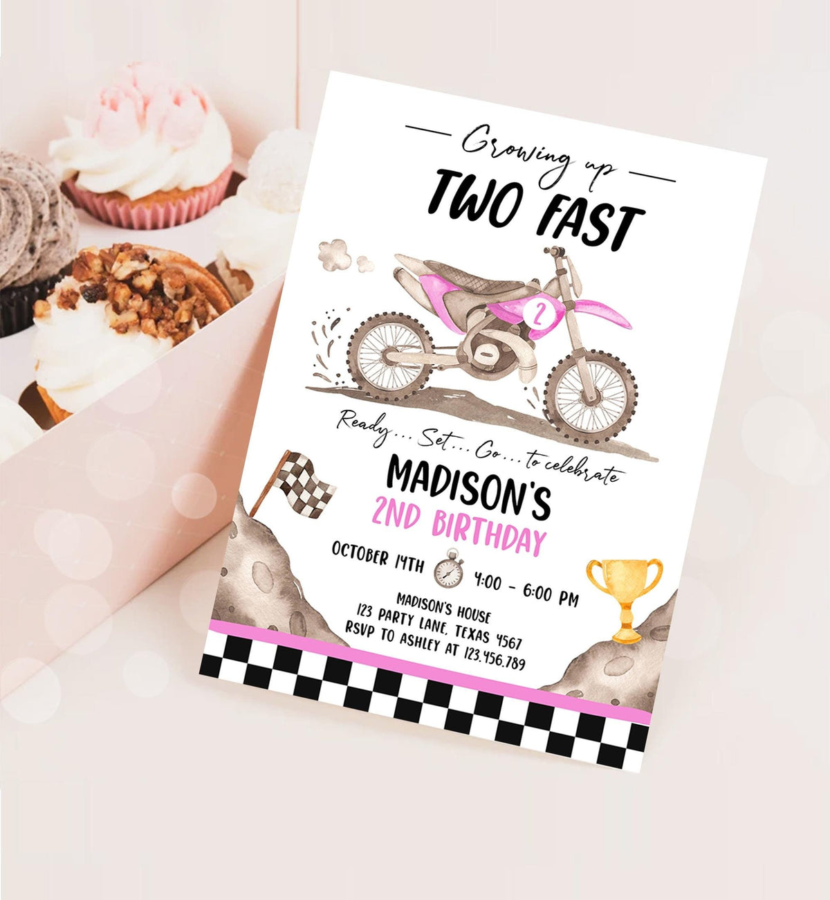 Editable Dirt Bike Birthday Invitation Growing Up Two Fast Motorbike Biking Motor Cross Pink Girl 2nd Second Digital Template Printable 0542