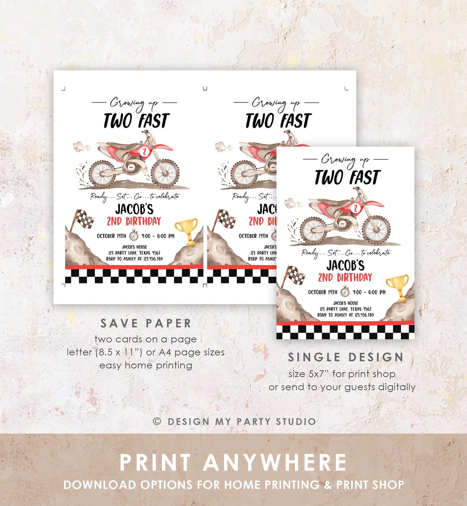 Editable Dirt Bike Birthday Invitation Growing Up Two Fast Motorbike Biking Motor Cross Blue Boy 2nd Second Digital Template Printable 0542