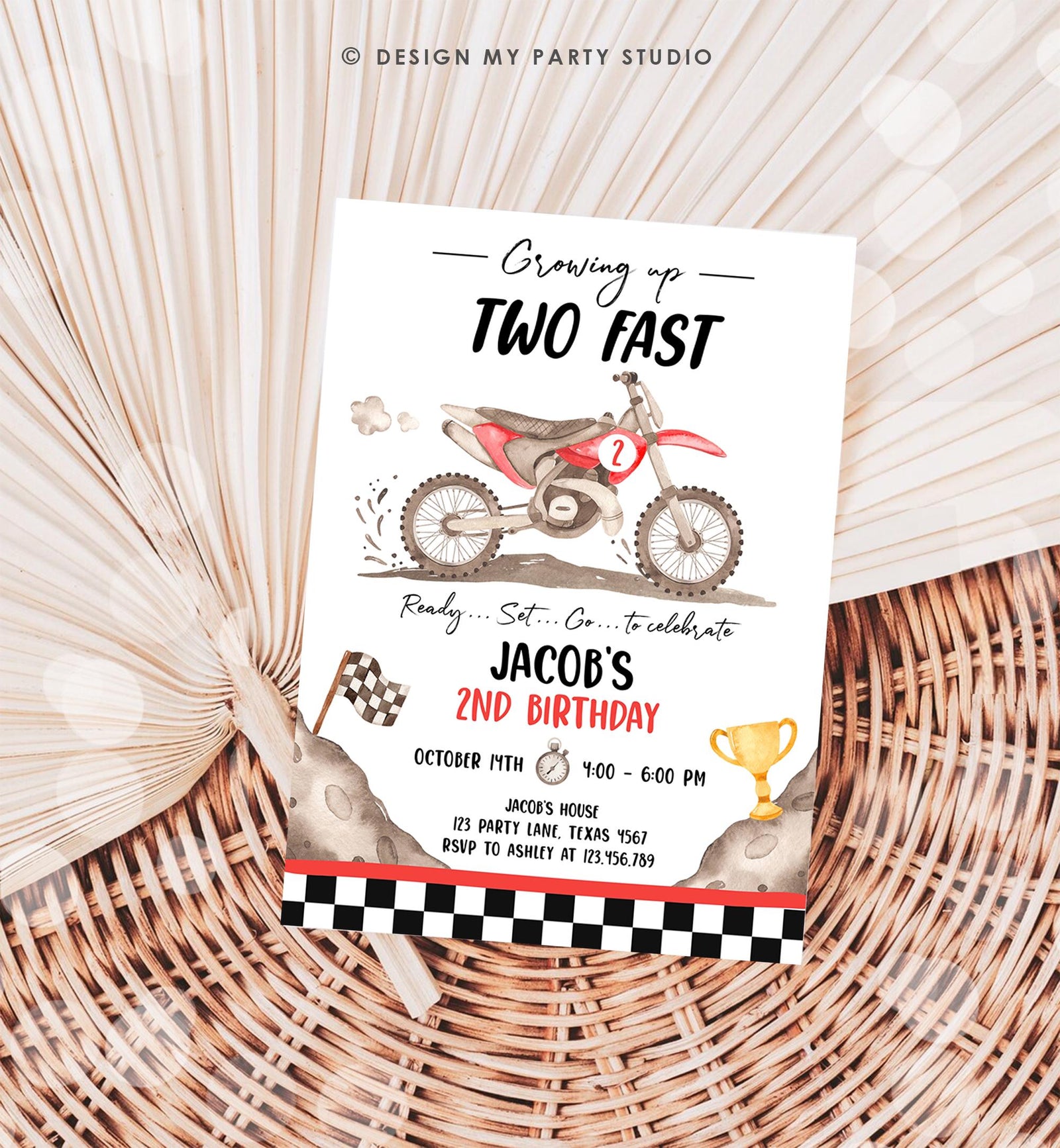 Editable Dirt Bike Birthday Invitation Growing Up Two Fast Motorbike Biking Motor Cross Blue Boy 2nd Second Digital Template Printable 0542