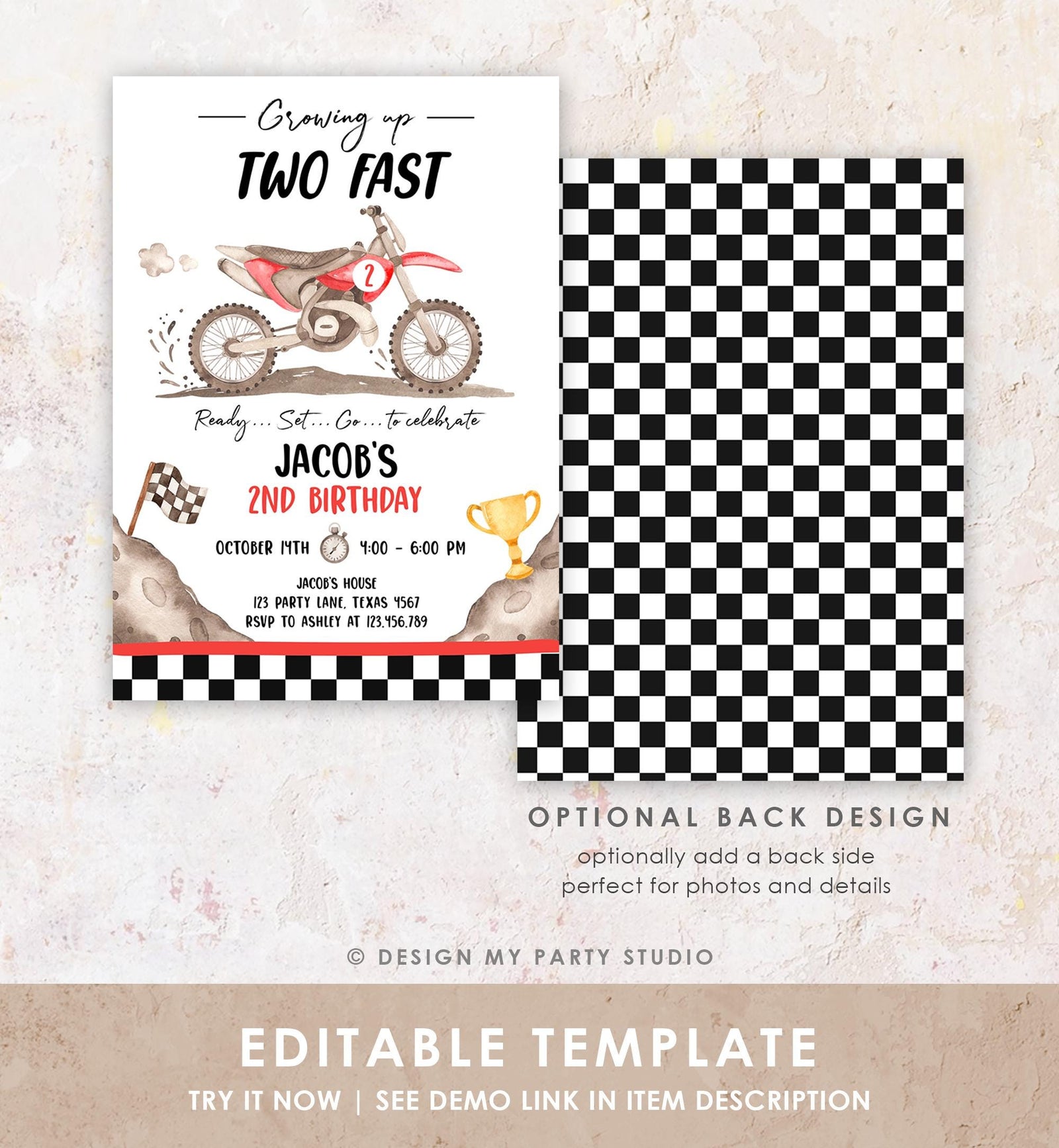 Editable Dirt Bike Birthday Invitation Growing Up Two Fast Motorbike Biking Motor Cross Blue Boy 2nd Second Digital Template Printable 0542