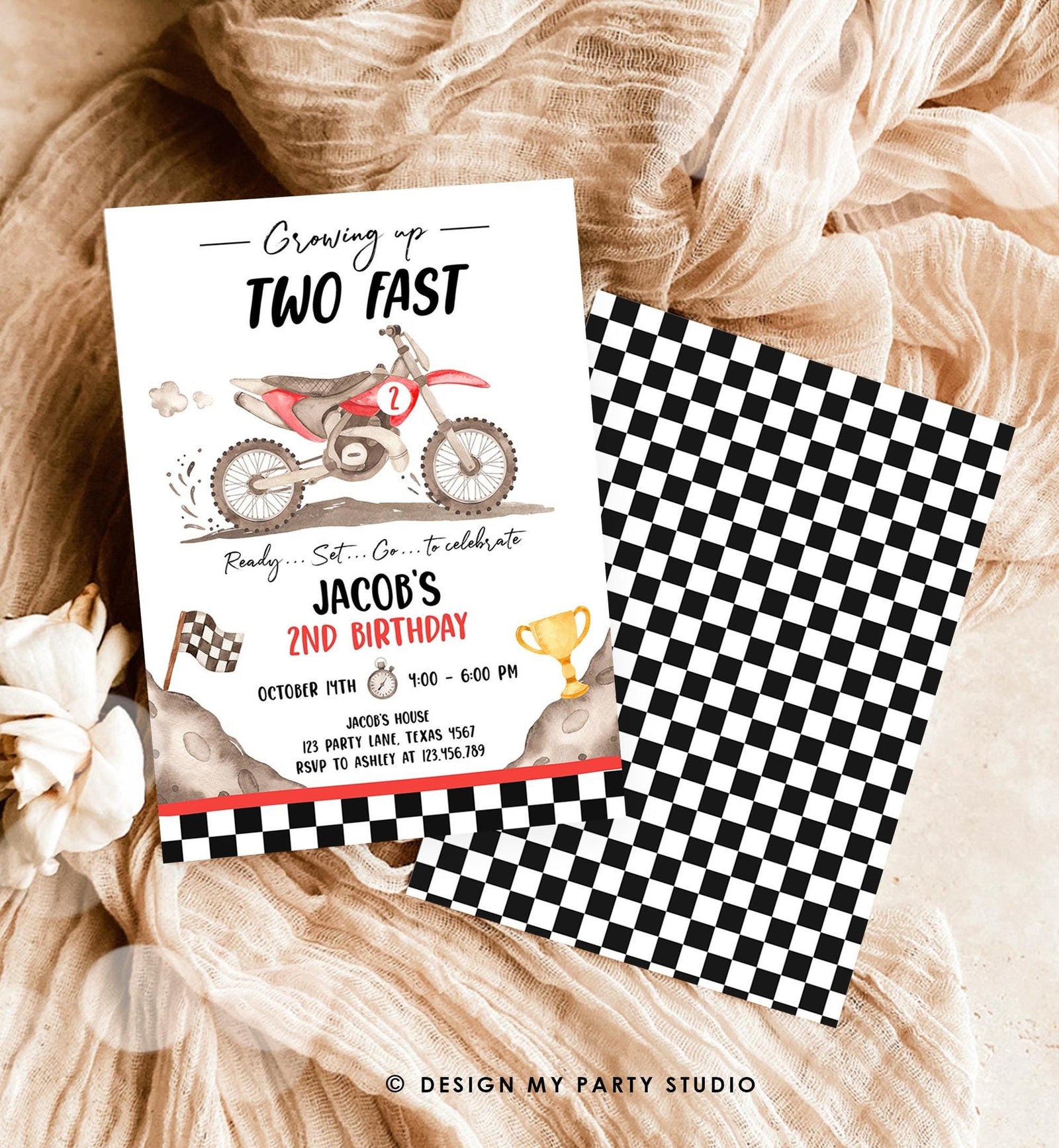 Editable Dirt Bike Birthday Invitation Growing Up Two Fast Motorbike Biking Motor Cross Blue Boy 2nd Second Digital Template Printable 0542