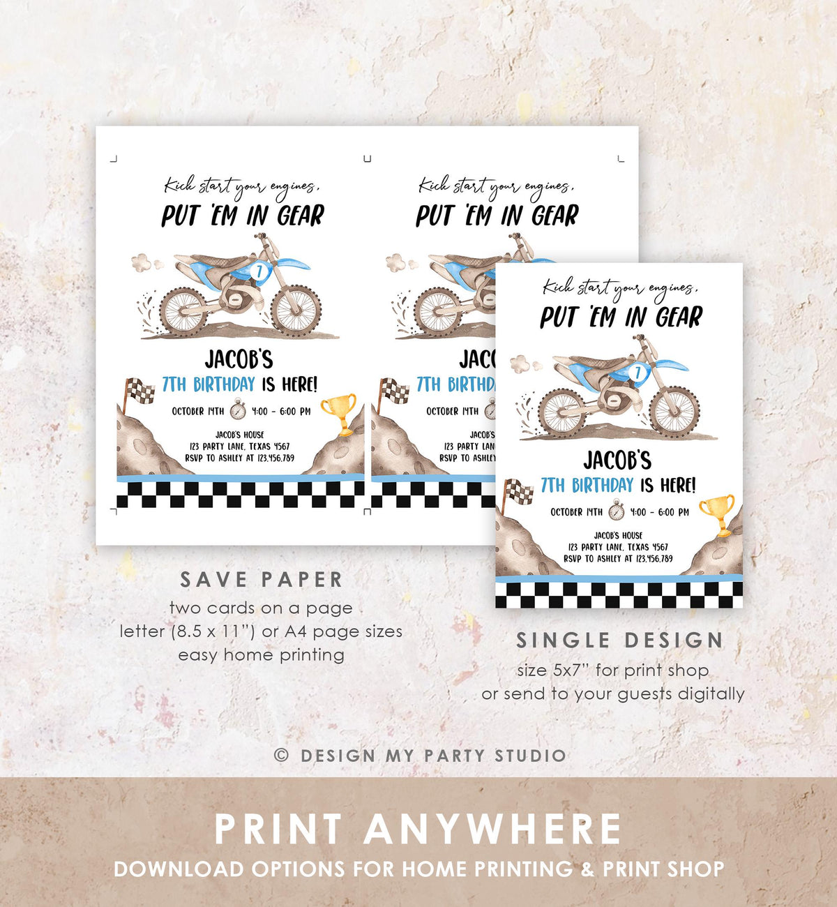 Editable Dirt Bike Birthday Invitation Start Engines Race on Over Motorbike Biking Motor Cross Blue Boy Digital Template Printable 0542