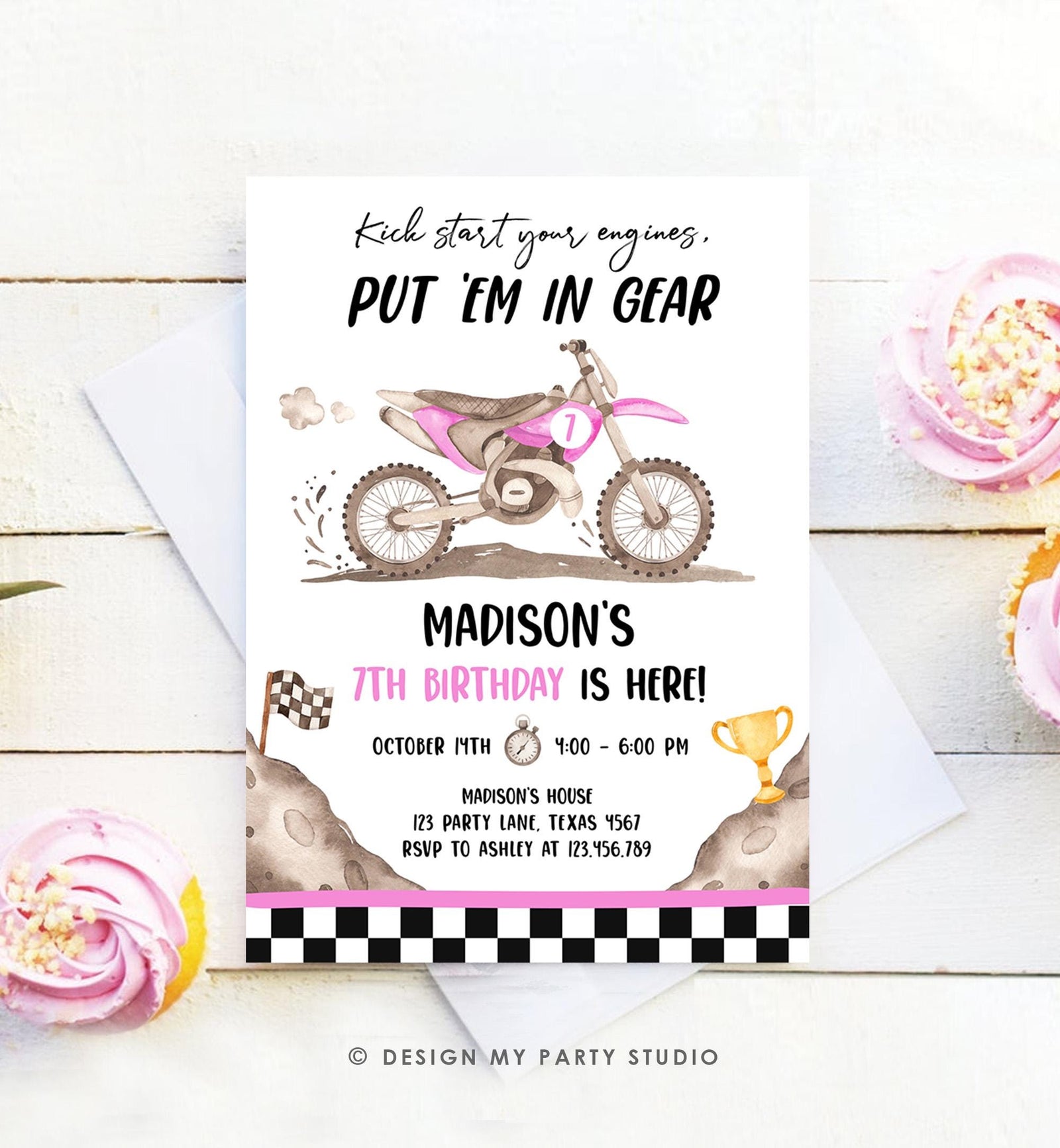 Editable Dirt Bike Birthday Invitation Start Engines Race on Over Motorbike Biking Motor Cross Pink Girl Digital Template Printable 0542