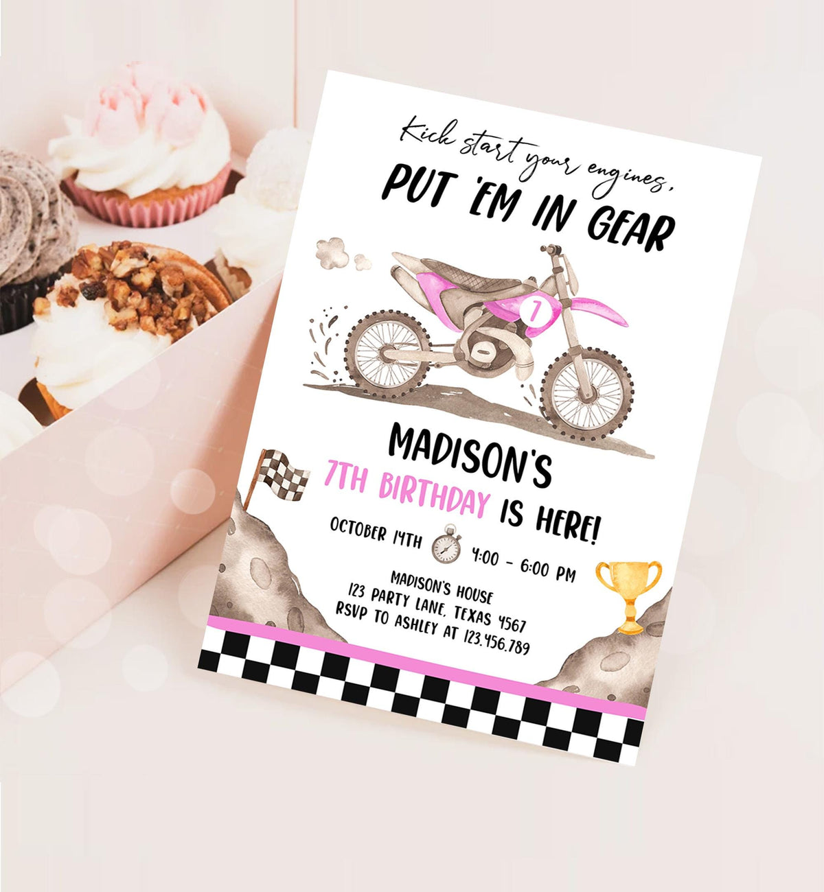 Editable Dirt Bike Birthday Invitation Start Engines Race on Over Motorbike Biking Motor Cross Pink Girl Digital Template Printable 0542