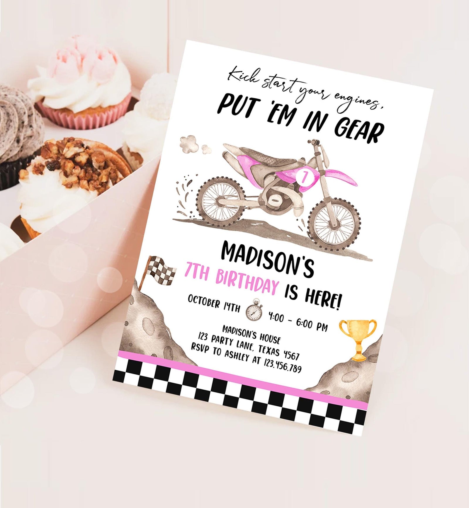 Editable Dirt Bike Birthday Invitation Start Engines Race on Over Motorbike Biking Motor Cross Pink Girl Digital Template Printable 0542
