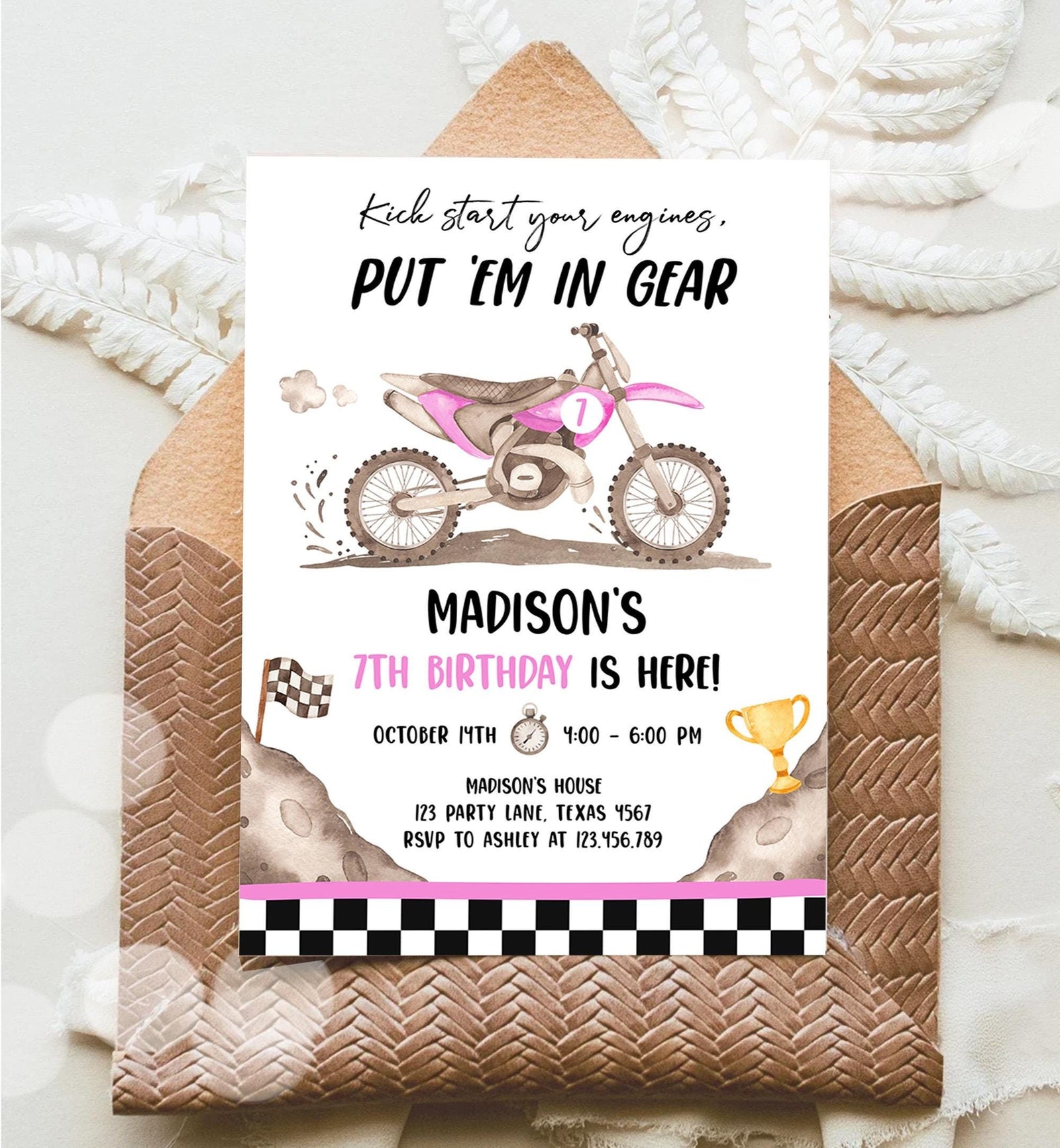Editable Dirt Bike Birthday Invitation Start Engines Race on Over Motorbike Biking Motor Cross Pink Girl Digital Template Printable 0542