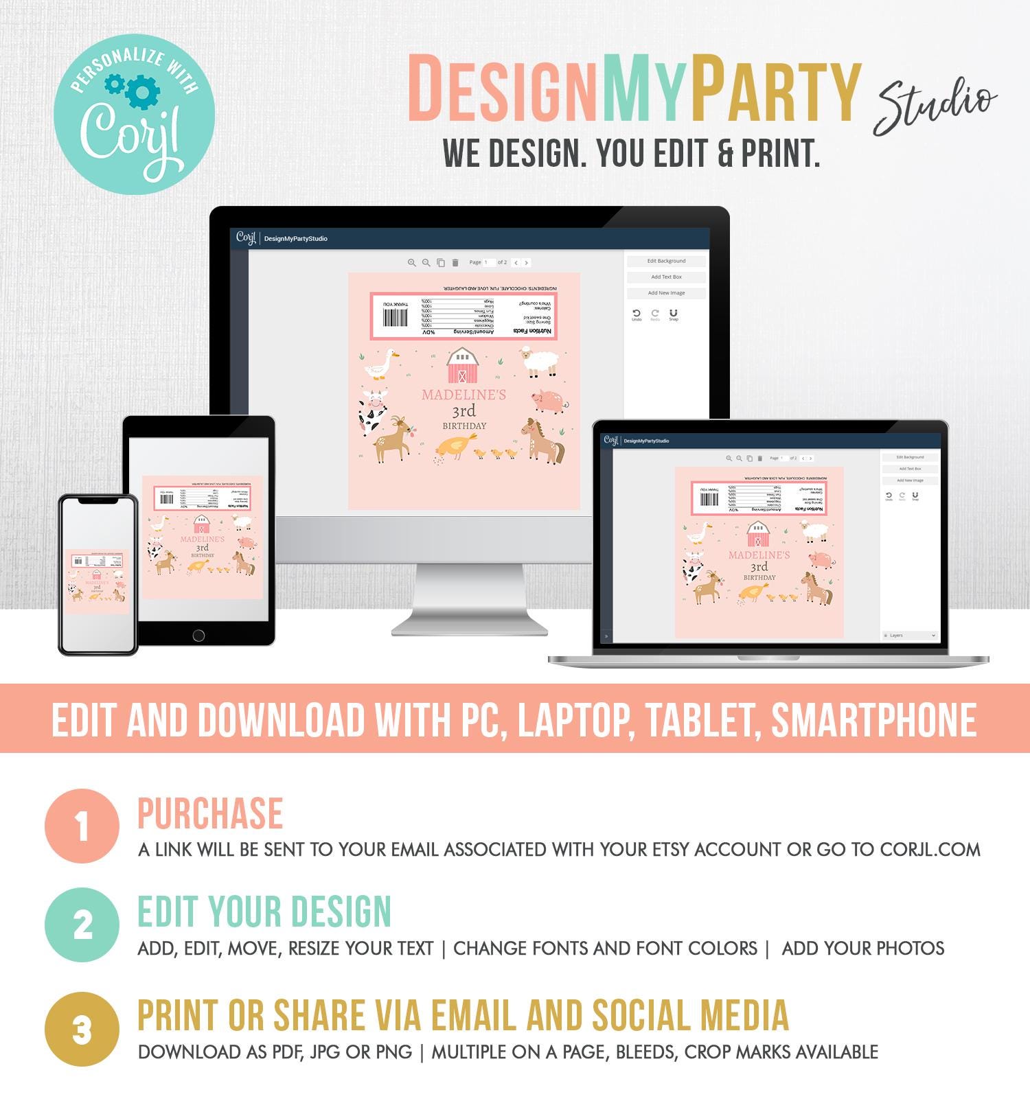 Editable Candy Bar Wrapper Farm Animals Birthday Candy Wrapper Party Animals Favors Party Girl Barnyard Thank You Template Printable 0436