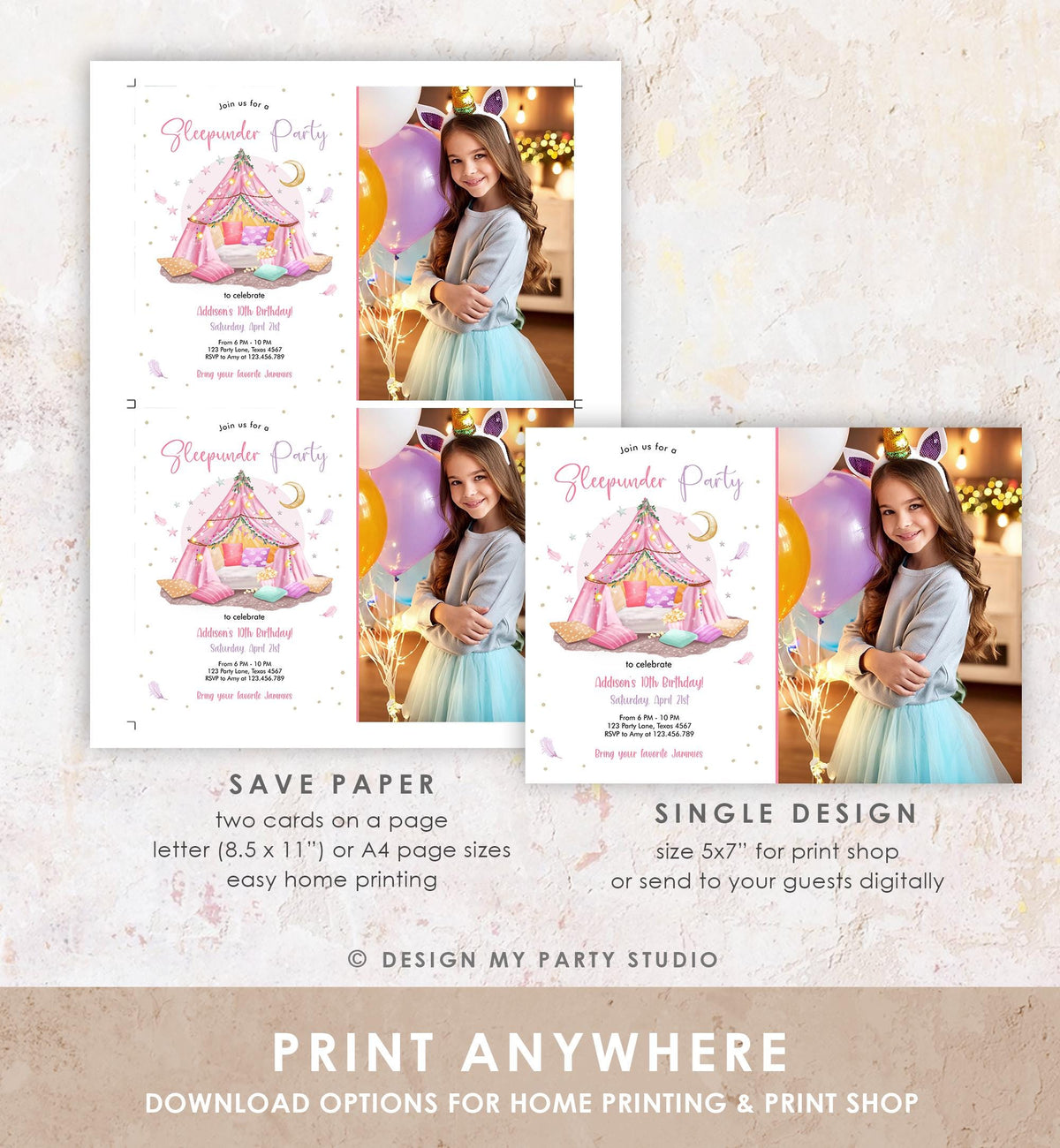 Editable Sleepunder Party Birthday Invitation Slumber Party Invite Pink Spa Tween Teen Glamping Movie Digital Evite Template Printable 0499