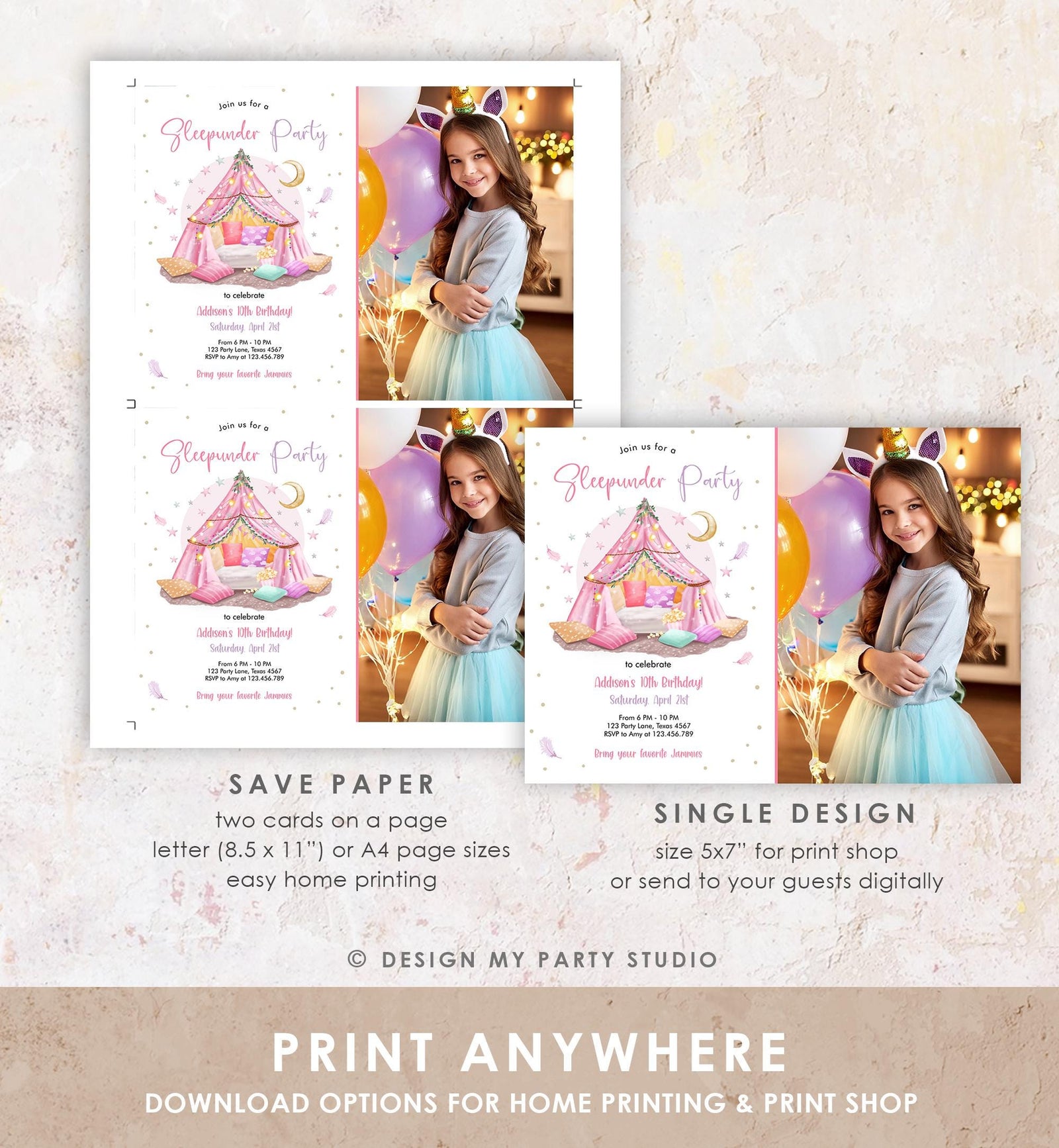 Editable Sleepunder Party Birthday Invitation Slumber Party Invite Pink Spa Tween Teen Glamping Movie Digital Evite Template Printable 0499