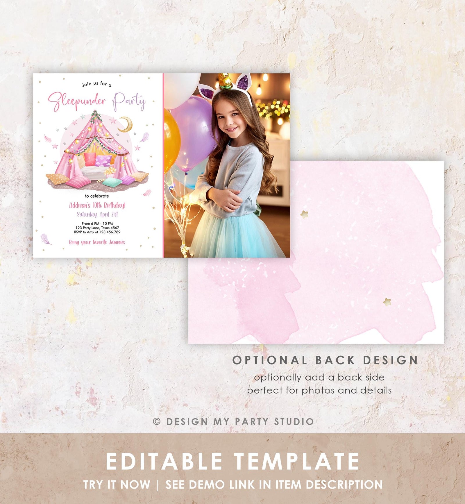 Editable Sleepunder Party Birthday Invitation Slumber Party Invite Pink Spa Tween Teen Glamping Movie Digital Evite Template Printable 0499